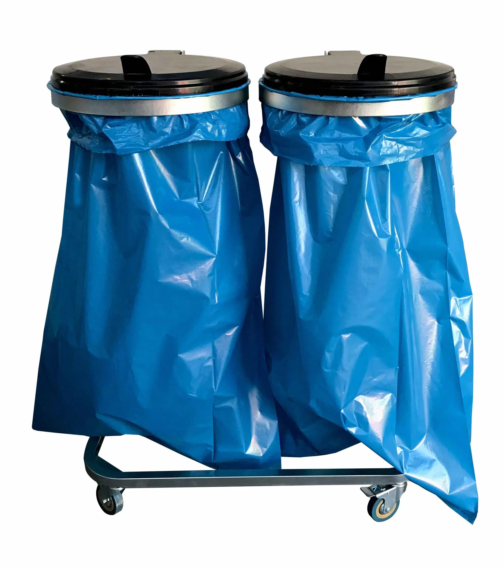 QUICK STAR Soporte Doble para Bolsas de Basura con Tapa y 4 Ruedas | Porta Bolsas de Basura Metálico 120 litros | Robusto Acero Galvanizado | Bolsa Amarilla 120L | Contenedor de Residuos Móvil