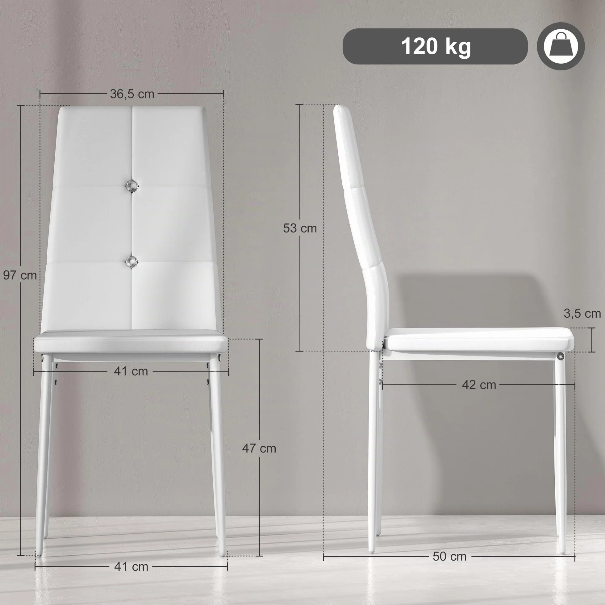 HOMCOM Juego de 6 Sillas de Comedor con Respaldo Alto para Salón Blanco | Tapizada en PU, Sillas de Cocina Modernas, Botones, Patas de Acero, Dormitorio