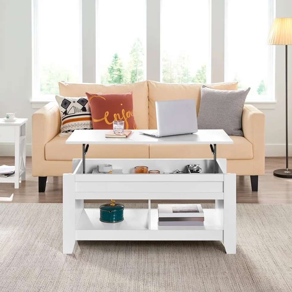 Yaheetech Mesa Centro Elevable de Madera Mesa de Café para Salón con Revistero Mueble de Diseño Moderno 104.5 x 49.5 x (49-61.5) cm Blanco
