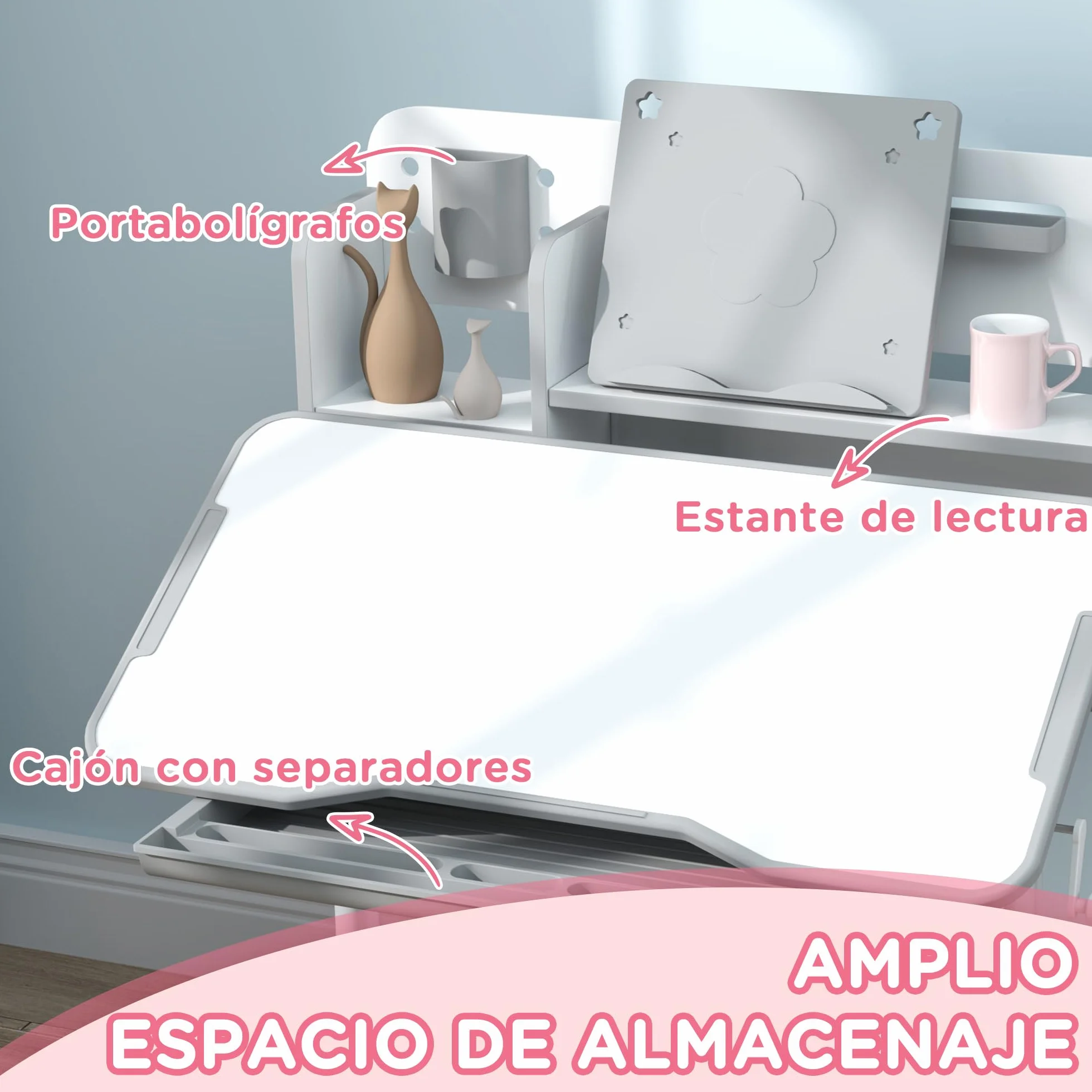 AIYAPLAY Pupitre Infantil Altura Ajustable con Tablero Inclinable, Cajón y Estantes, 80x55x107,5 cm, Gris