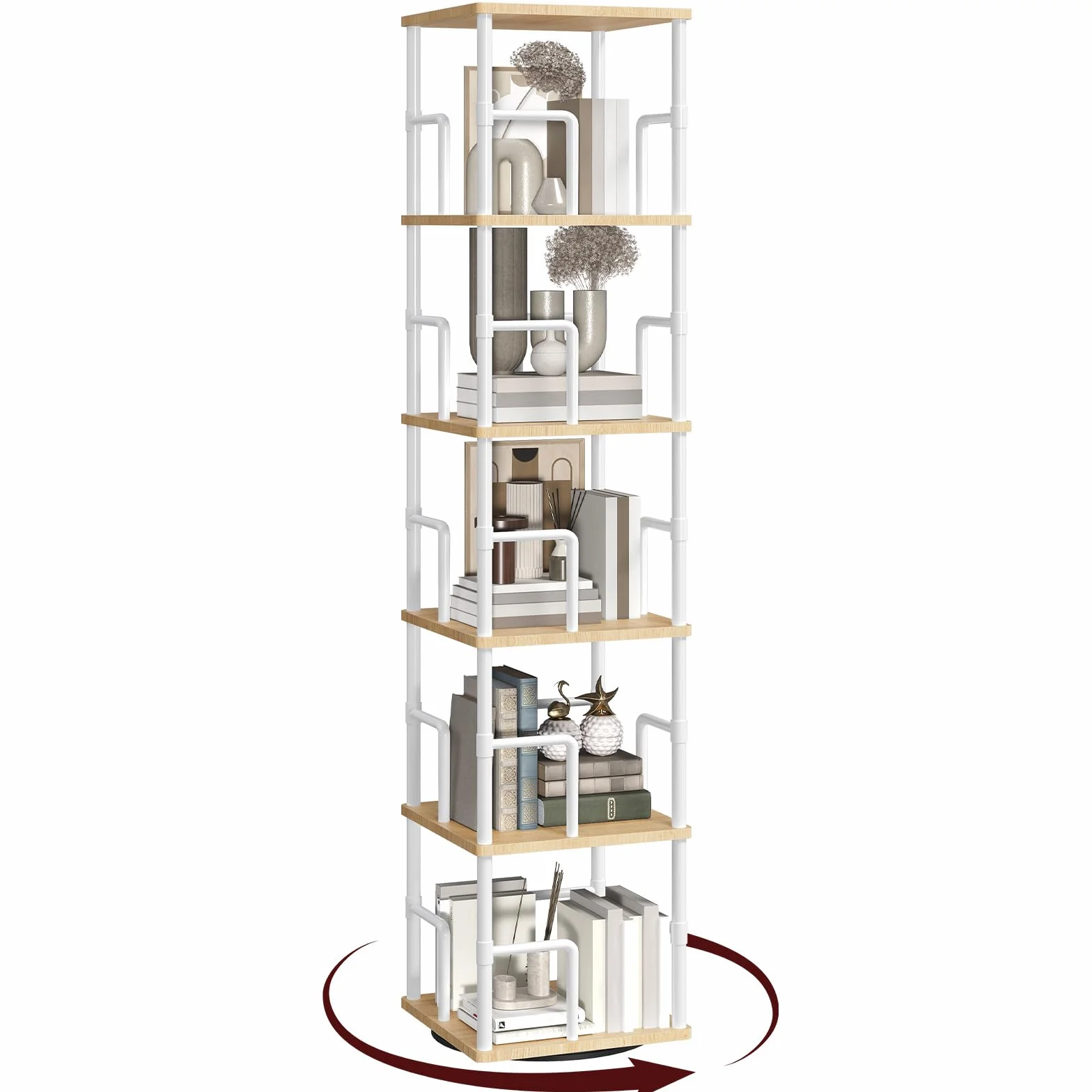 MAHANCRIS Librería Giratoria de 5 Niveles, Librería Giratoria 360º de Esquina, para Sala de Estar, Dormitorio, Estudio, Despacho, Blanco ABKBN1601