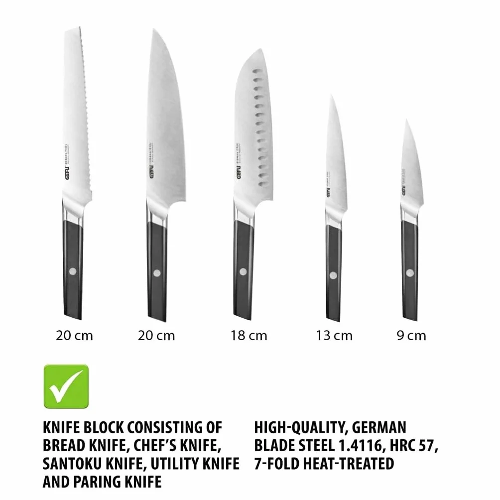 GEFU ACURO Juego de 6 cuchillos con bloque de cuchillos, cuchillo de pan, cuchillo de chef, santoku, universal y vegetal, acero alemán, HRC 57, ergonómico, duradero y elegante