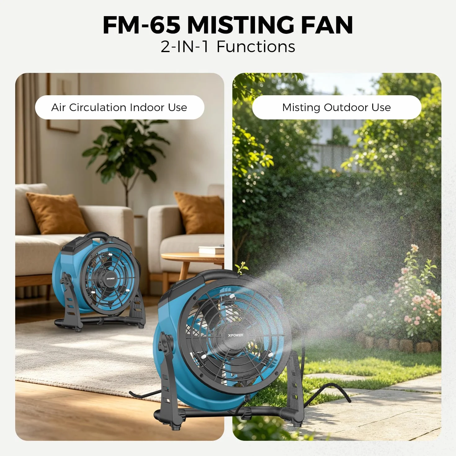 XPower Ventilador de nebulización para exteriores, oscilante, resistente, potente de alta velocidad, ideal para camping, patios, picnics y más (FM-65)
