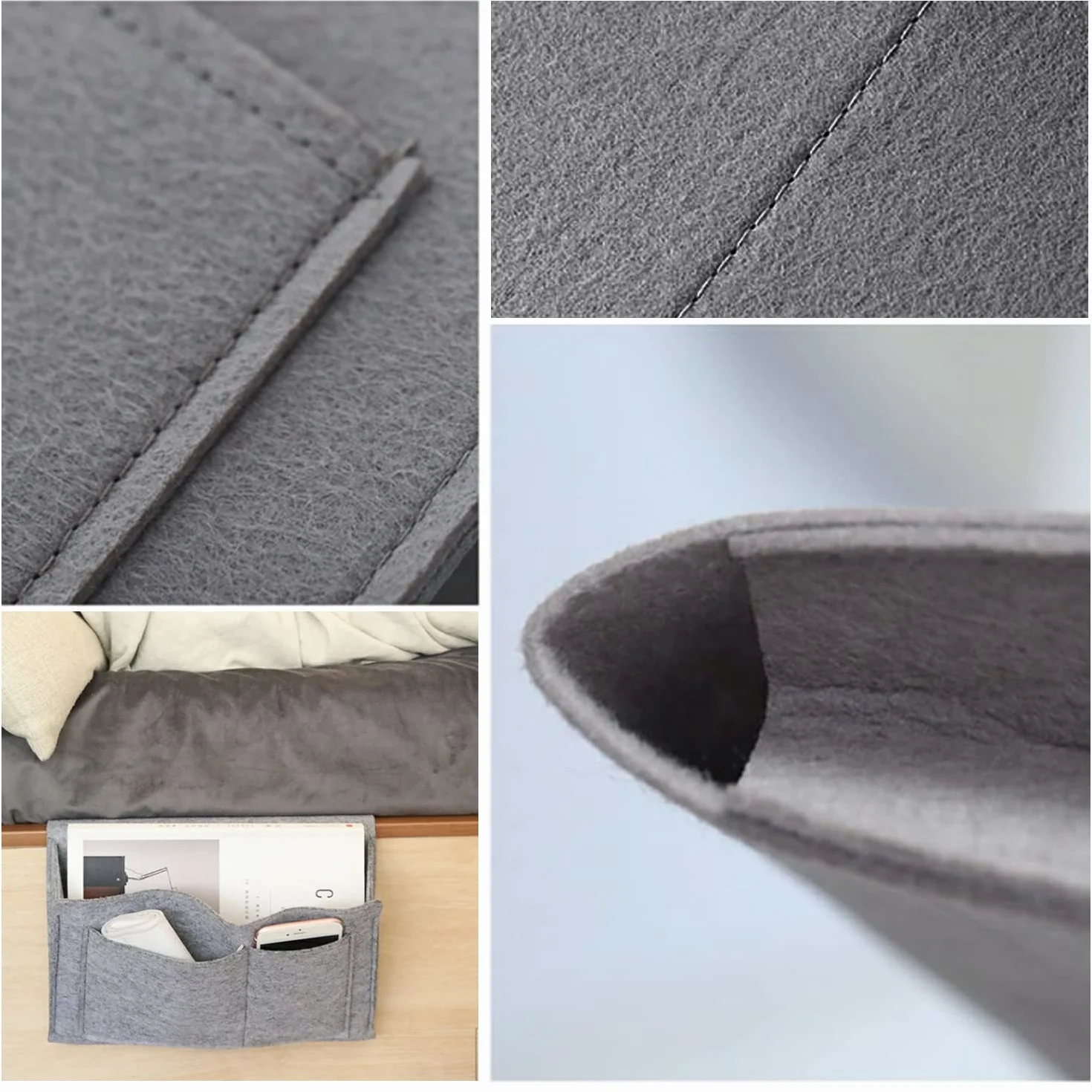 Bolsa de almacenamiento de fieltro para cabecera, organizador de noche, varios bolsillos, gris
