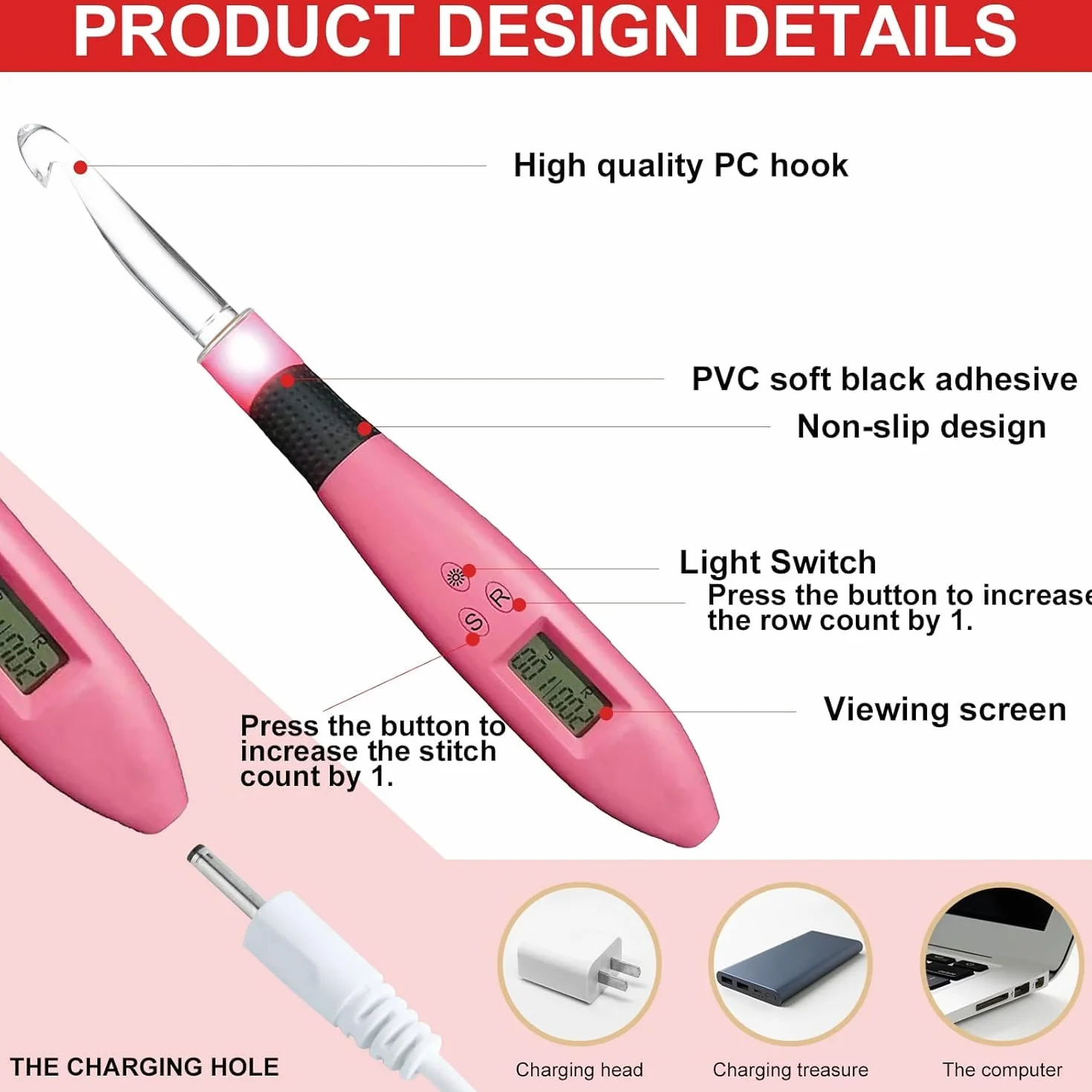Juego de agujas de ganchillo iluminadas, juego de agujas de ganchillo digitales con 24 kits de ganchillo intercambiables, ganchos de ganchillo iluminados con 2 niveles LED, kit de punto para