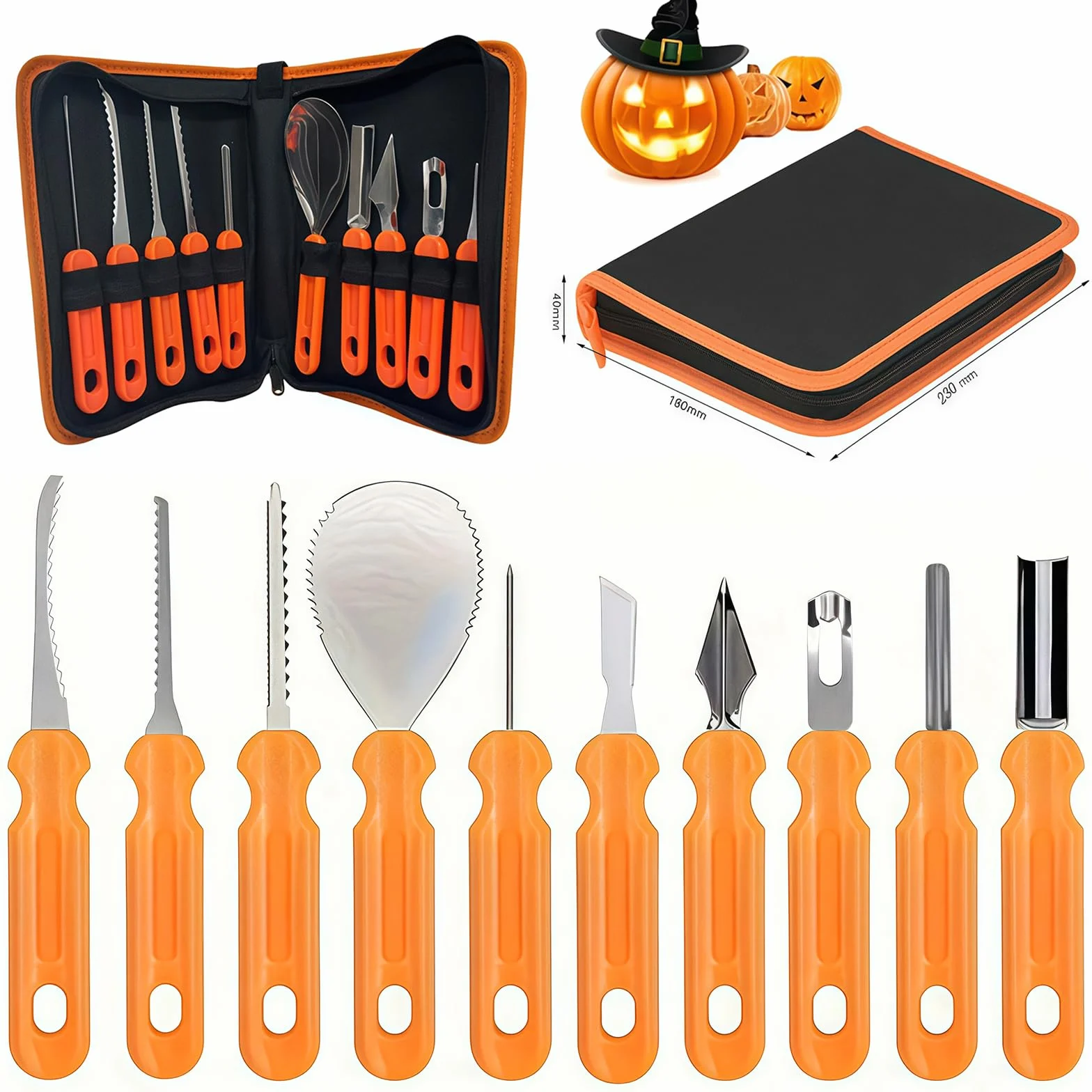 Pumpkin Carving Kit 10 Piezas de Acero Inoxidable para Calabazas Halloween, Set Profesional de Tallado para Frutas y Decoración Festiva
