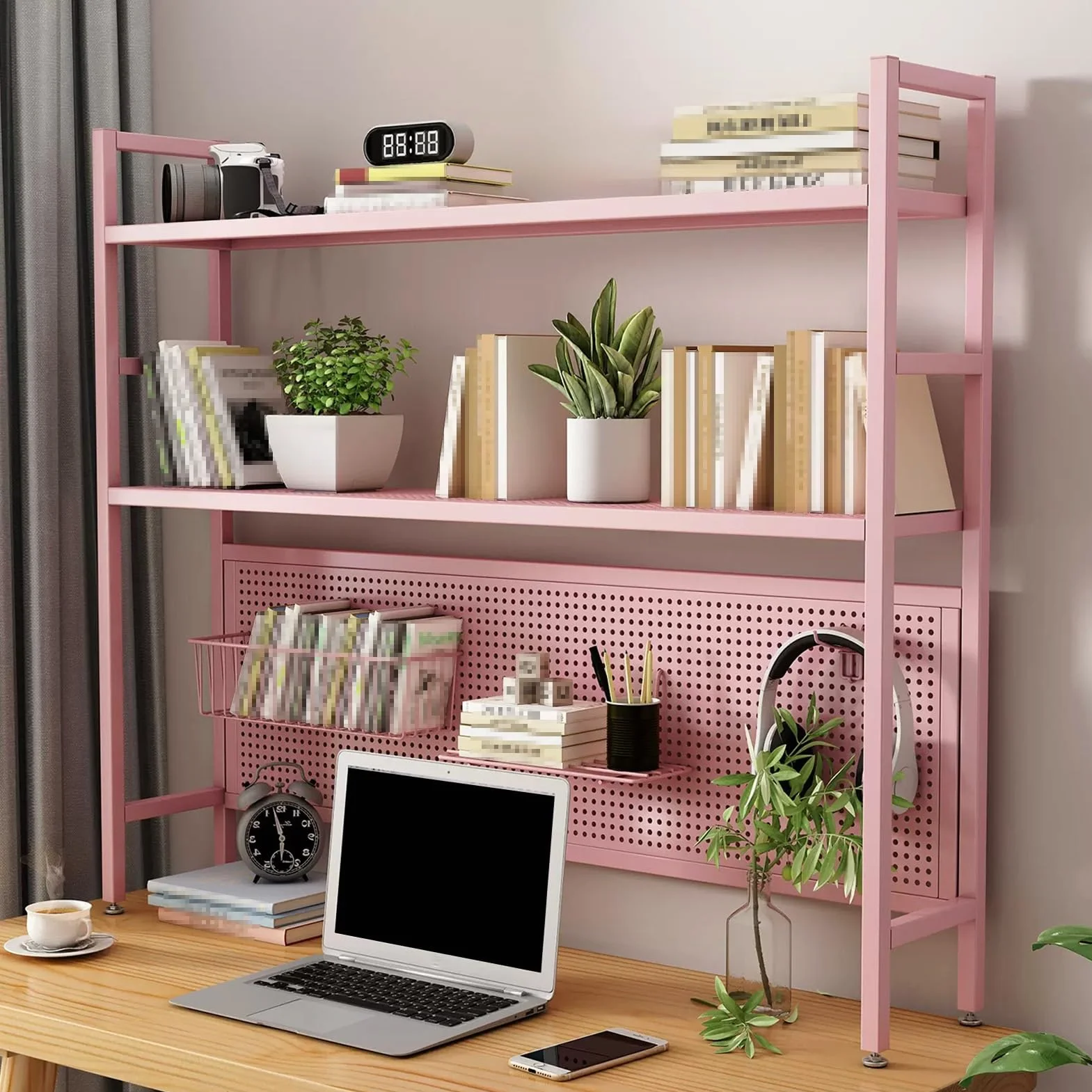 Estantería de escritorio de metal de 3 niveles en color rosa, estante de escritorio de oficina con tablero perforado, ahorra espacio con estantería de almacenamiento para computadora