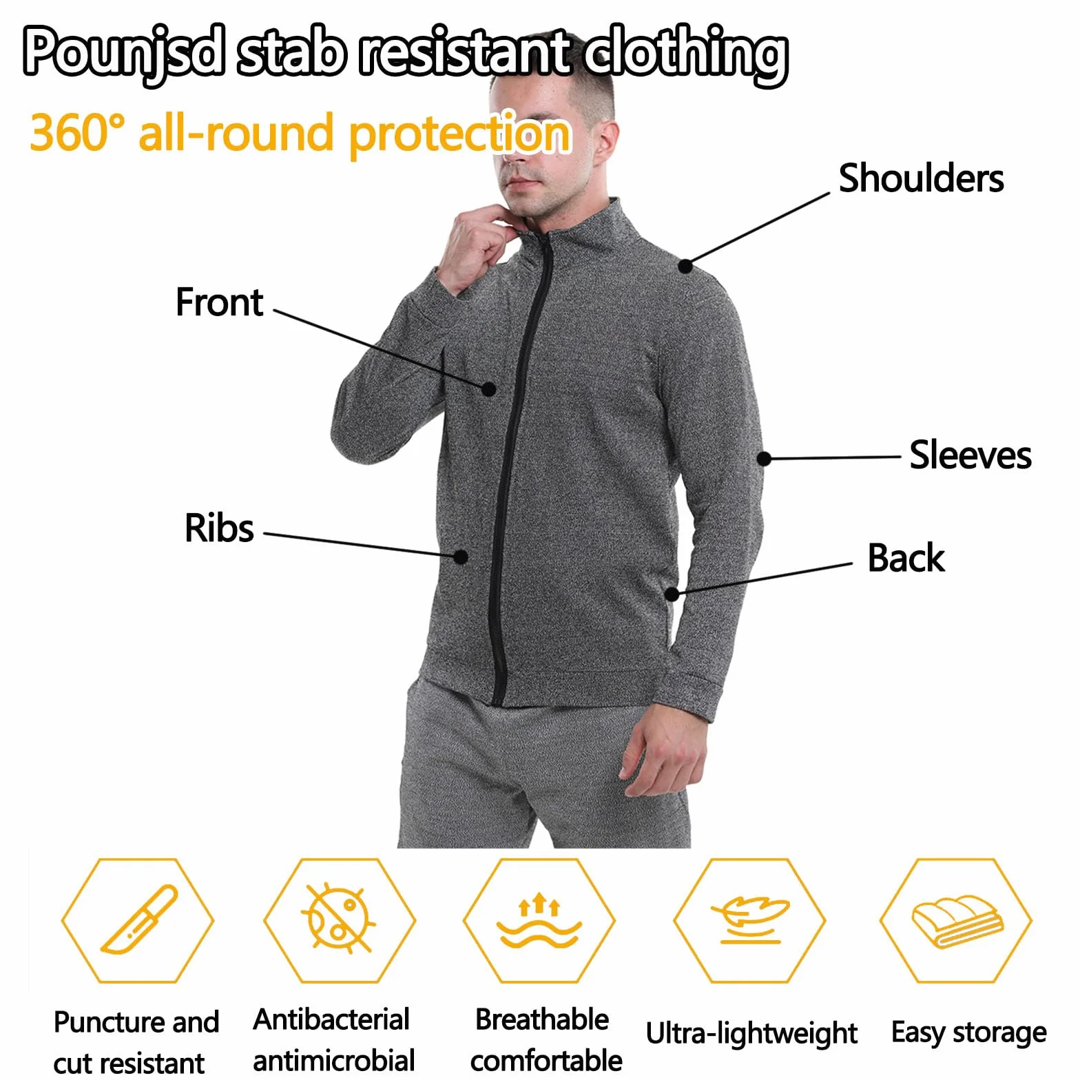 camiseta anti puñaladas, chaleco anti corte seguridad, nivel 5 Chaleco Protector Resistente a Cortes, defensa personal, policial, Cuello Redondo Manga Larga, Equipo de Protección