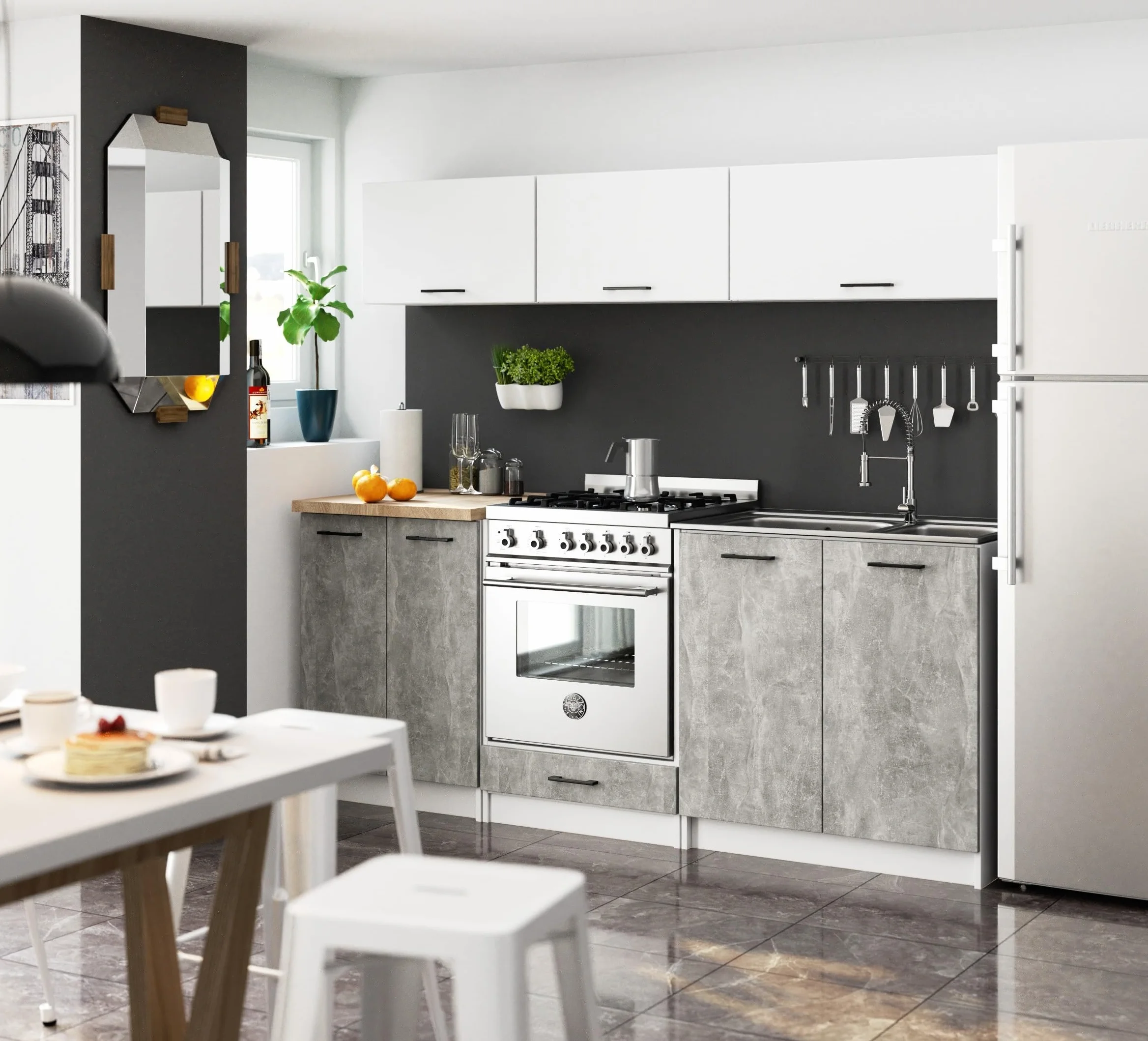 AKORD | Mueble de Cocina con encimera - Oliwia S40 | Mueble Base con 4 cajones | Mueble de Entrada | Aparador | Isla | Armario | 46 x 40 x 85 cm | Blanco | Cemento