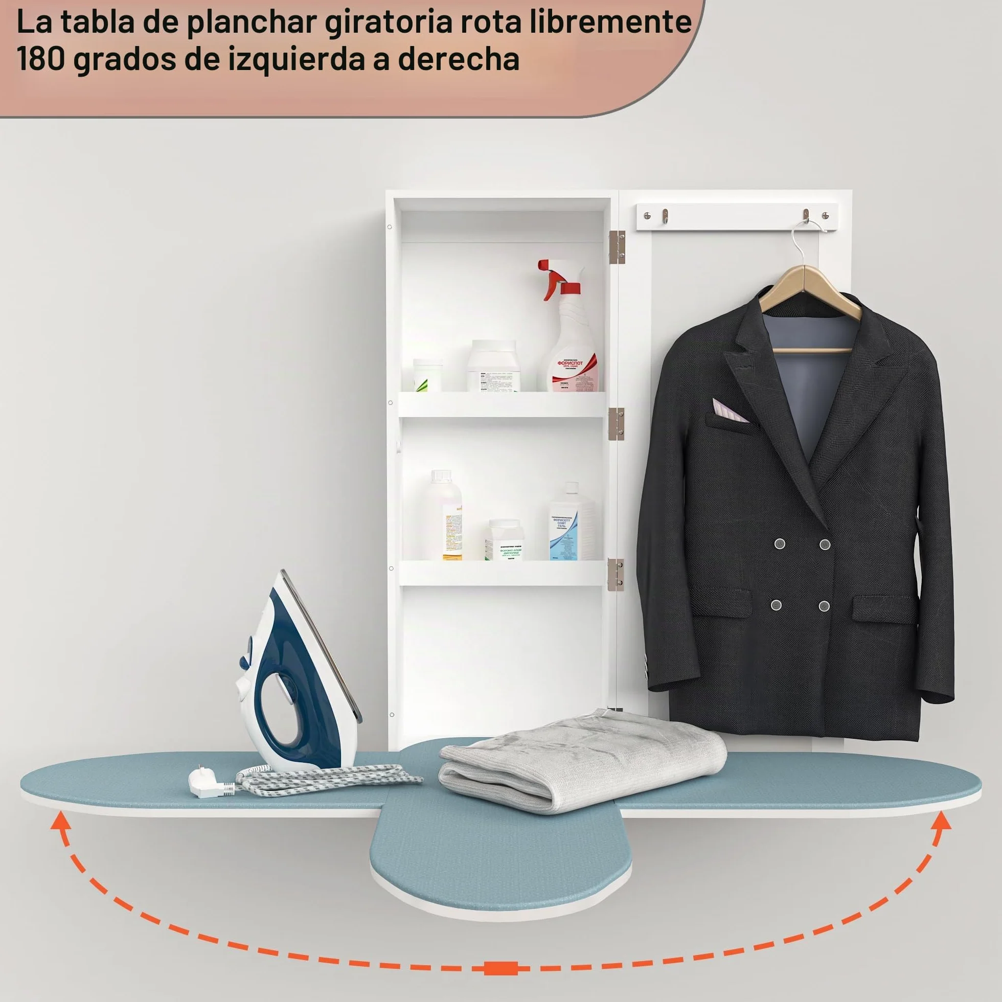 Armario para Tabla de Planchar, Armario de Almacenamiento montado en la Pared con Espejo, Tabla de Planchar con Funda giratoria de 180 Grados con Soportes de Metal
