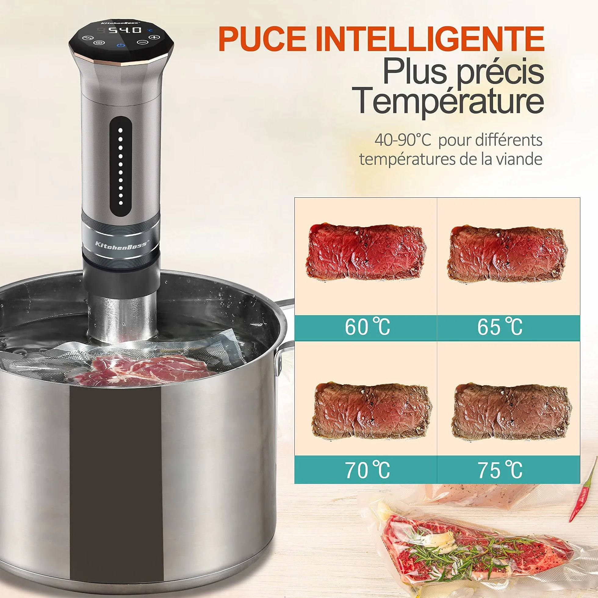 KitchenBoss Sous Vide Stick 1100 W: IPX7 resistente al agua Sous Vide Garer, ciculador de inmersión con pantalla LED y termostato ajustable para una cocción precisa, acero inoxidable plateado