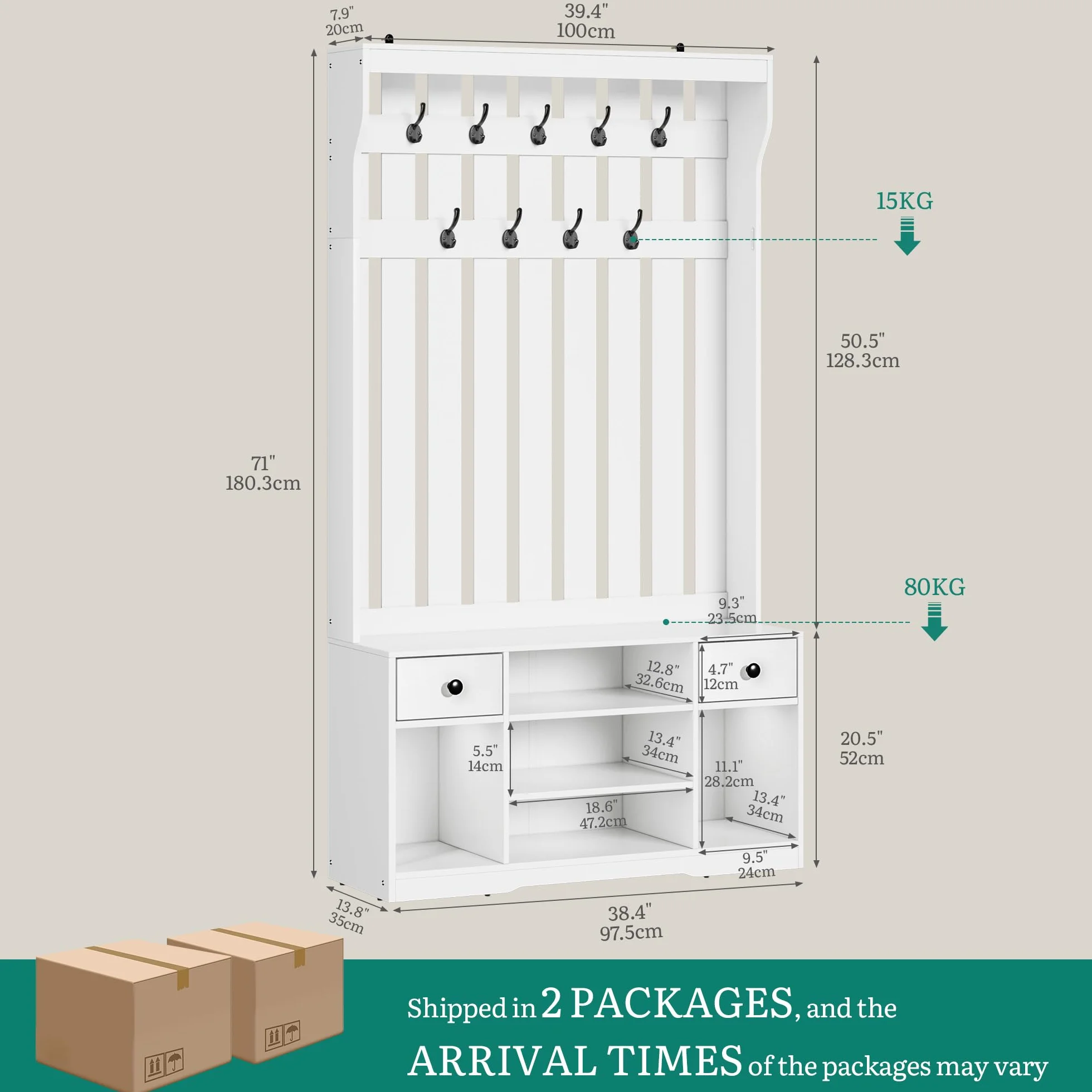 YITAHOME Perchero Entrada Recibidor con Banco, 35 x 100 x 180 cm Zapatero Entrada Recibidor, Perchero Zapatero, con 9 Ganchos y Almacenamiento, 2 Cajón de Tela, Pasillo Dormitorio Salón, Blanco