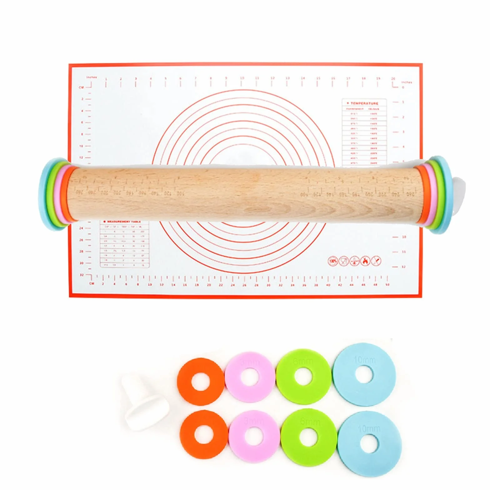 Rodillo, cinturón 4 anillos de grosor extraíbles, con alfombrilla de silicona para hornear, juego de rodillo de madera ajustable, se aplica a fondant, pizza, masa de tarta, galleta, pastelería