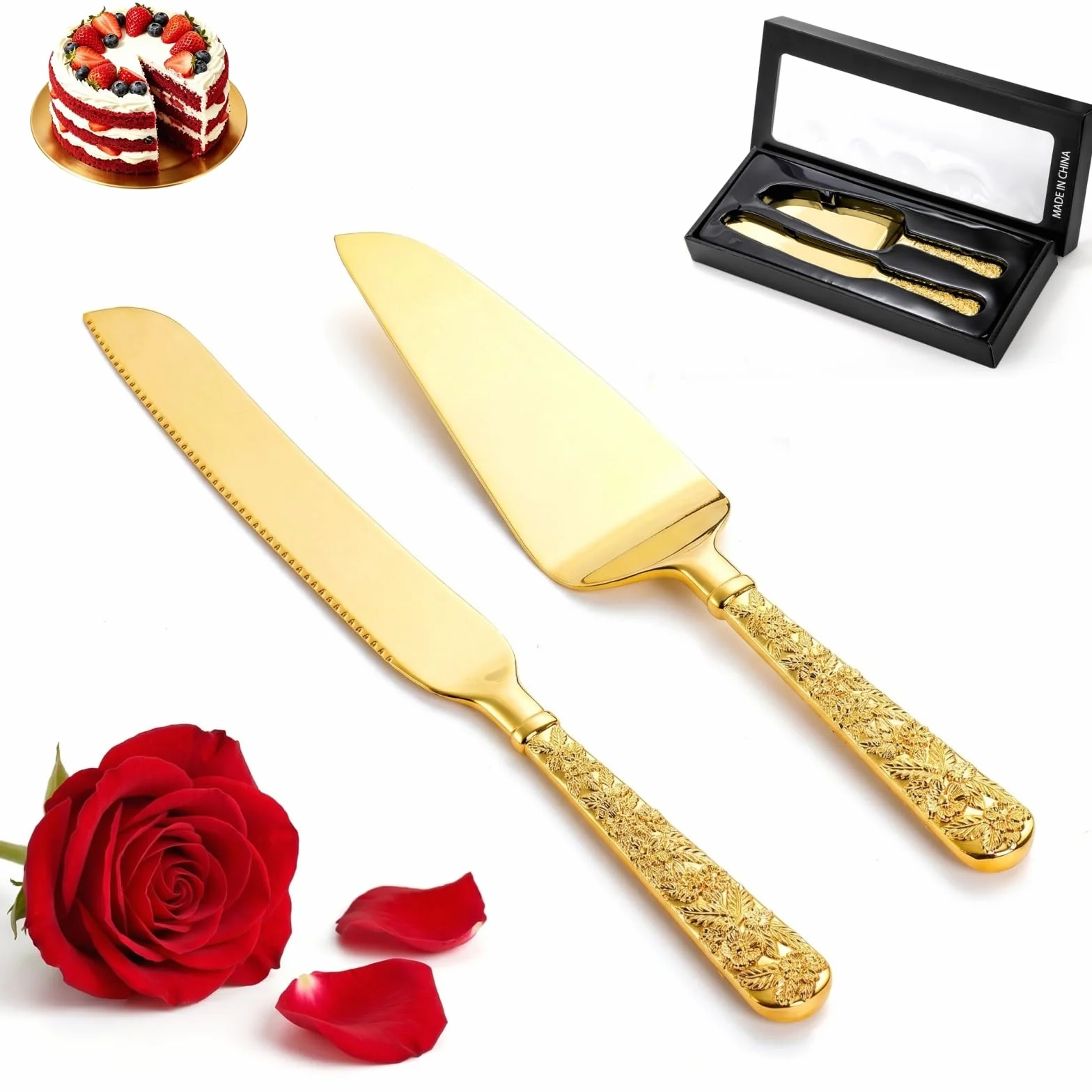 Dicunoy Juego de 2 cuchillos y servidores dorados para tartas, utensilios de corte de pasteles de boda, cortador de pasteles grabado vintage y espátula para servir para cumpleaños, fiesta, aniversario