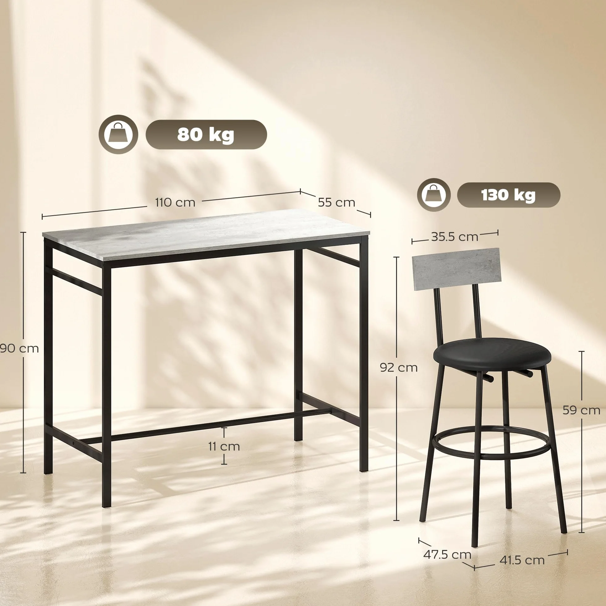 HOMCOM Juego de Mesa de Bar con 4 Taburetes de Cuero PU, Sillas de Bar y Cocina Ahorran Espacio, Patas de Acero, Estilo Moderno, Mesa Alta para Comedor