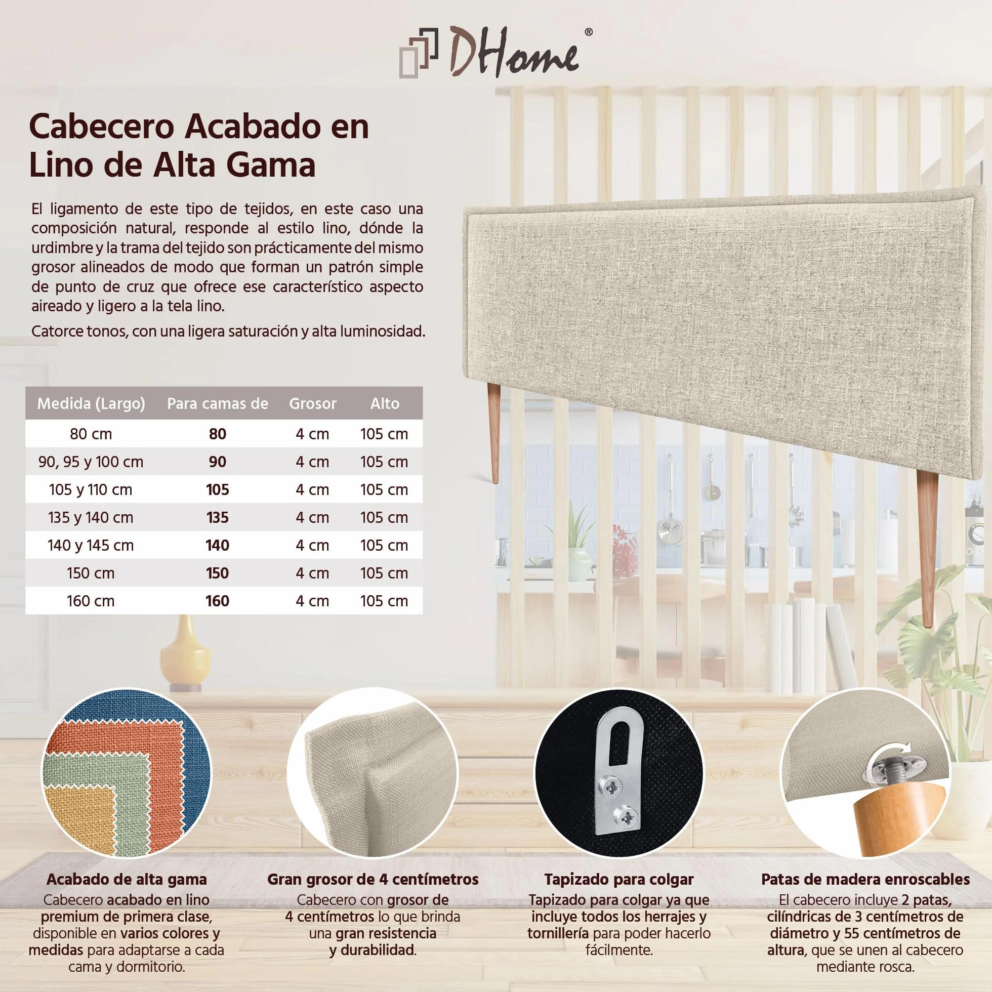DHOME Cabecero de Lino Natural Liso con Ribete Cabezal Tapizado Cama Dormitorio Moderno Top Trending (Beige, 160x105cm con Patas (Camas 150/160))