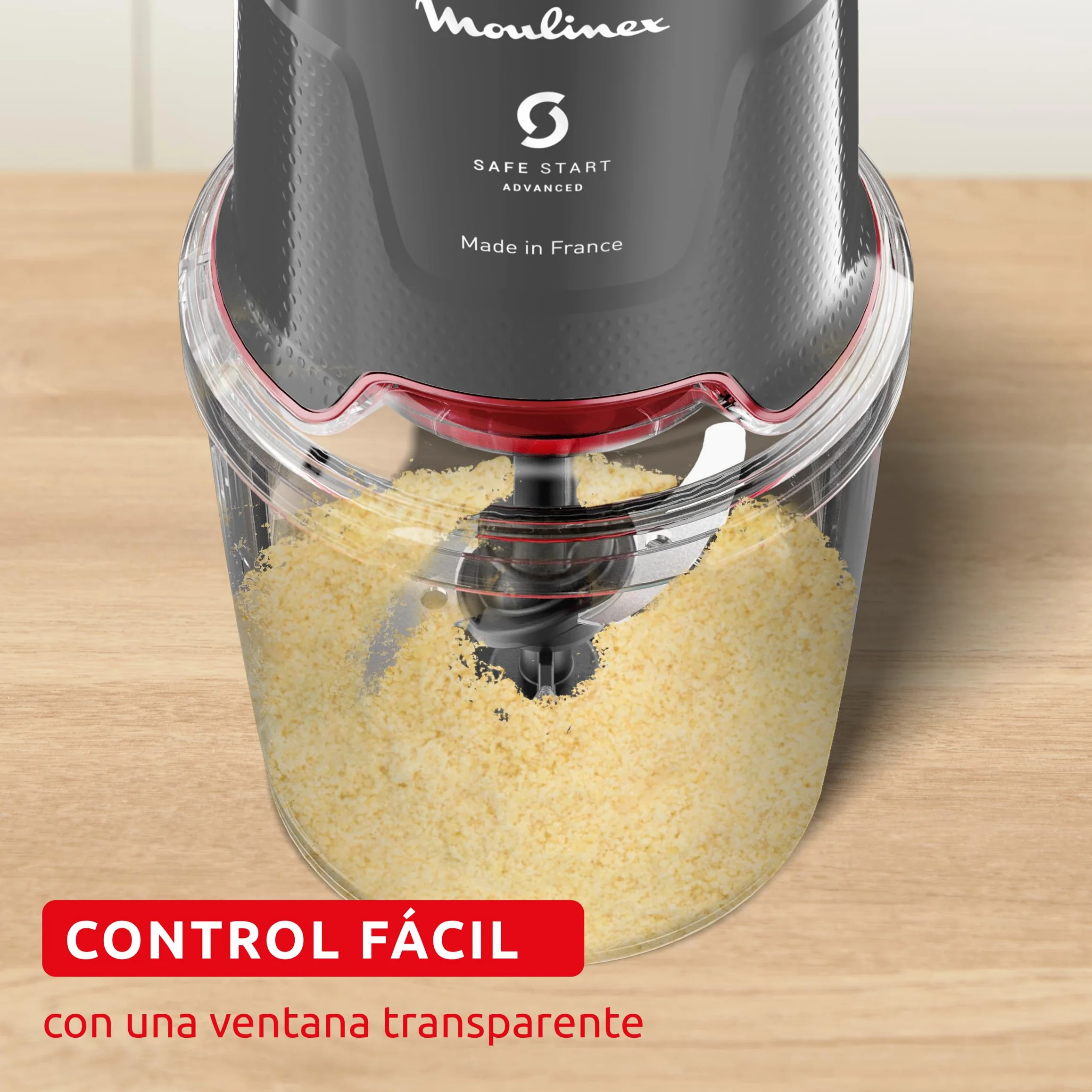 Moulinex Easy Press, Picadora de alimentos, 600 W, Capacidad de 500 ml, 4 cuchillas afiladas de acero inoxidable, Tecnología Safe Start Advanced, 3 funciones, Apta lavavajillas, Gris, AT740HF1