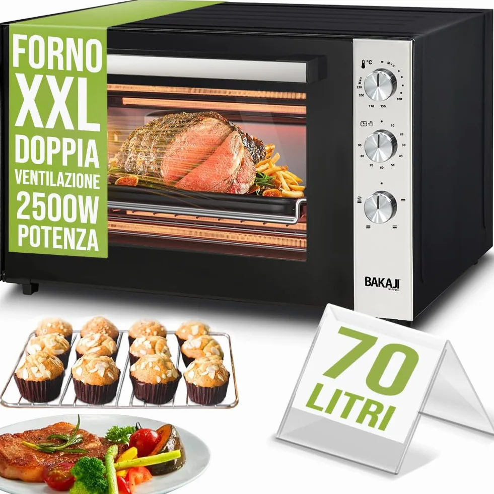 Bakaji Horno eléctrico ventilado, capacidad 70 litros, potencia 2500 W, temperatura regulable hasta 250°, 2 ventilaciones con elementos calefactores, acero, luz interior, función temporizador, asador