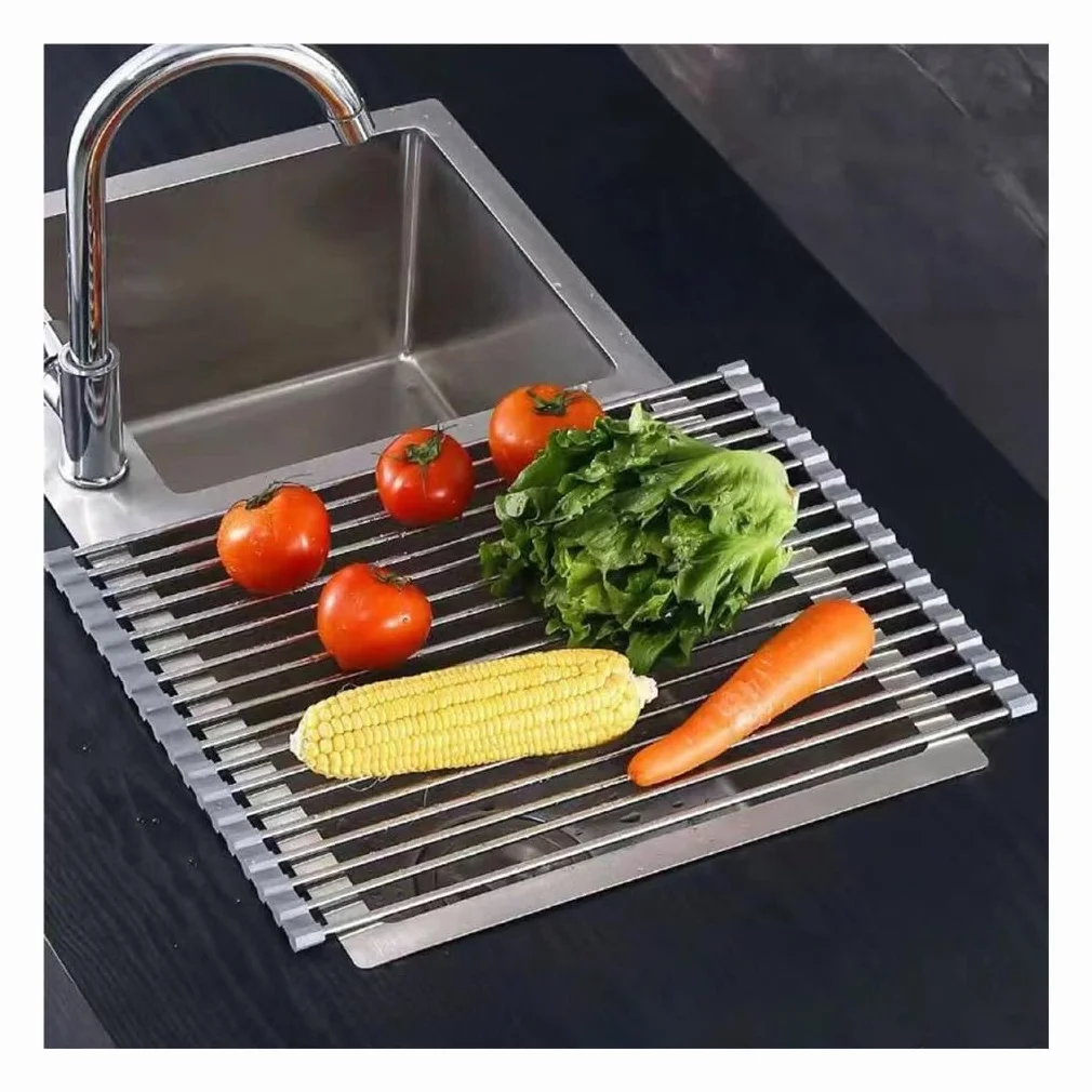 Escurridor de platos enrollable multiusos para colocar sobre el fregadero, para enfriar, dorar, asar, como salvamanteles o para servir, de 37-47 cm (14,6-18,5 pulgadas), portátil y con ruedas, para f