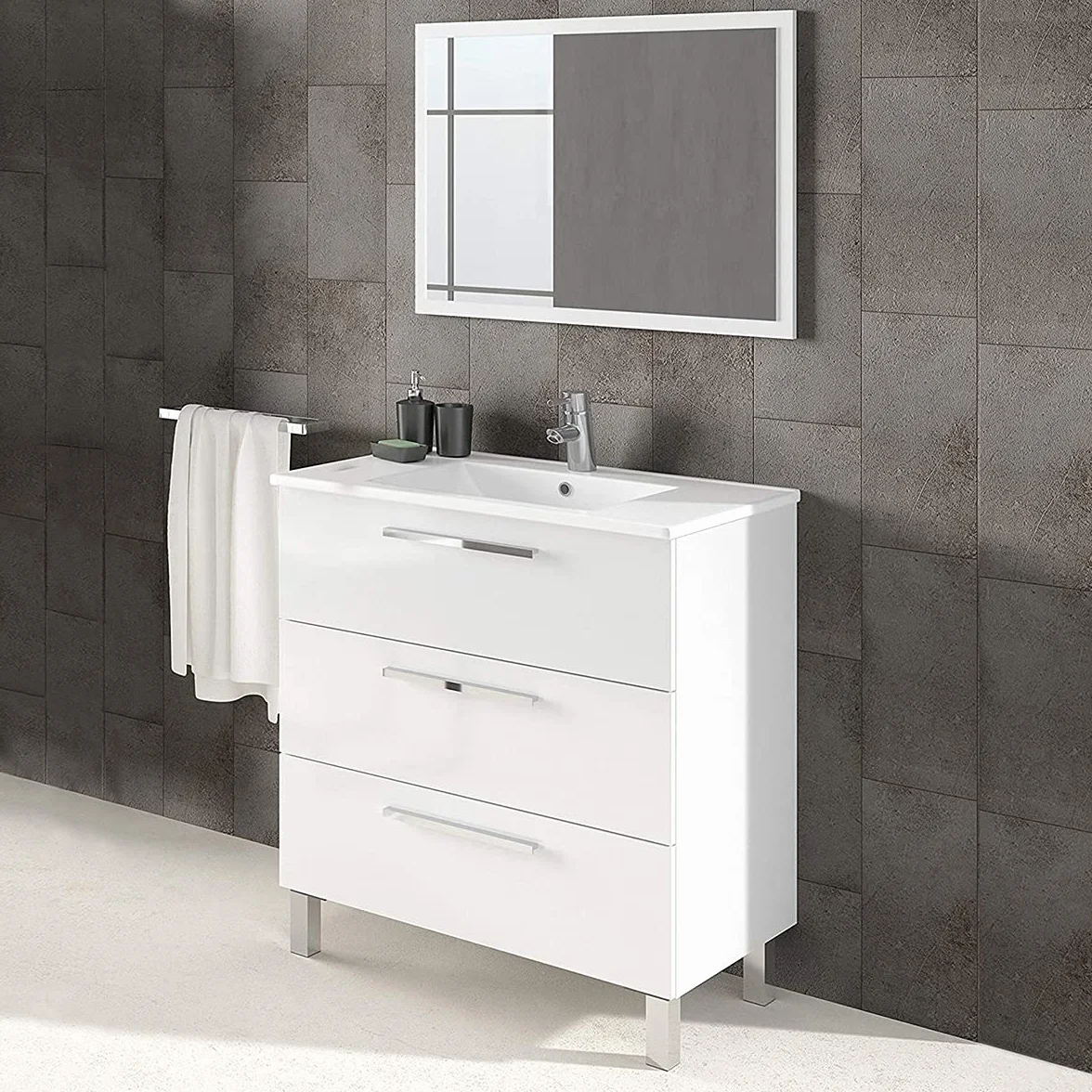 Mueble de Baño o Aseo con Patas, 3 Cajones y Espejo, Acabado en Blanco Brillo - Dim: 80 cm (Ancho) x 86 cm (Alto) x 45 cm (Fondo)
