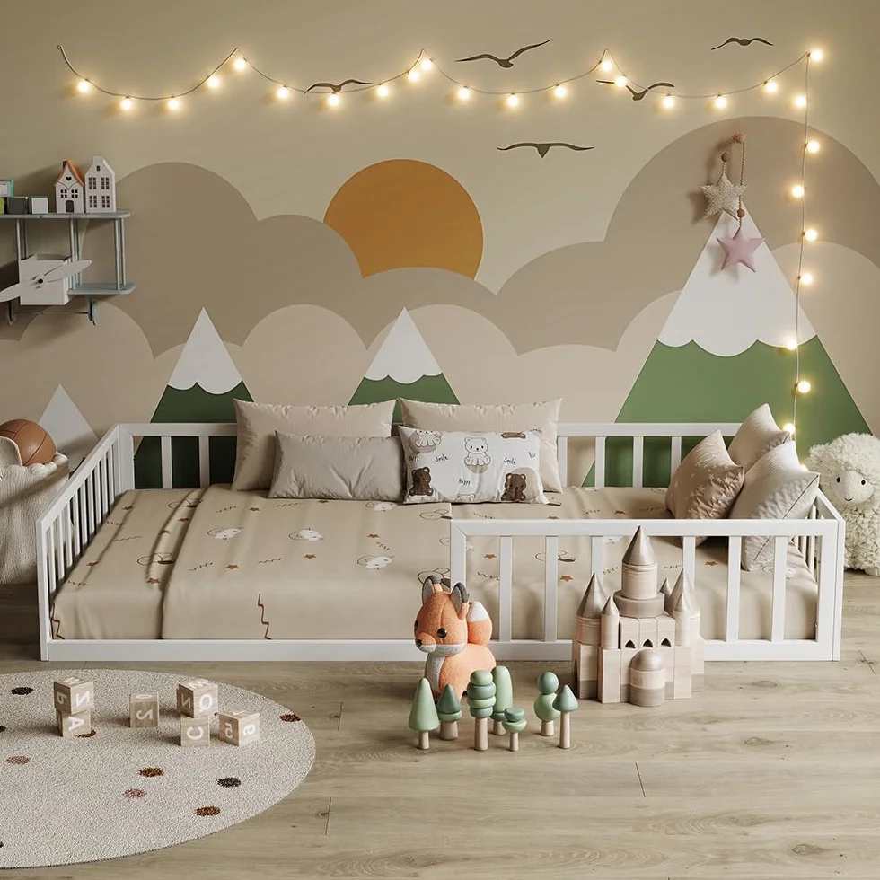 VitaliSpa Cama Baja Minno 120x200 cm, Cama Infantil Montessori de Metal con Barrera de Seguridad y colchón, Blanco