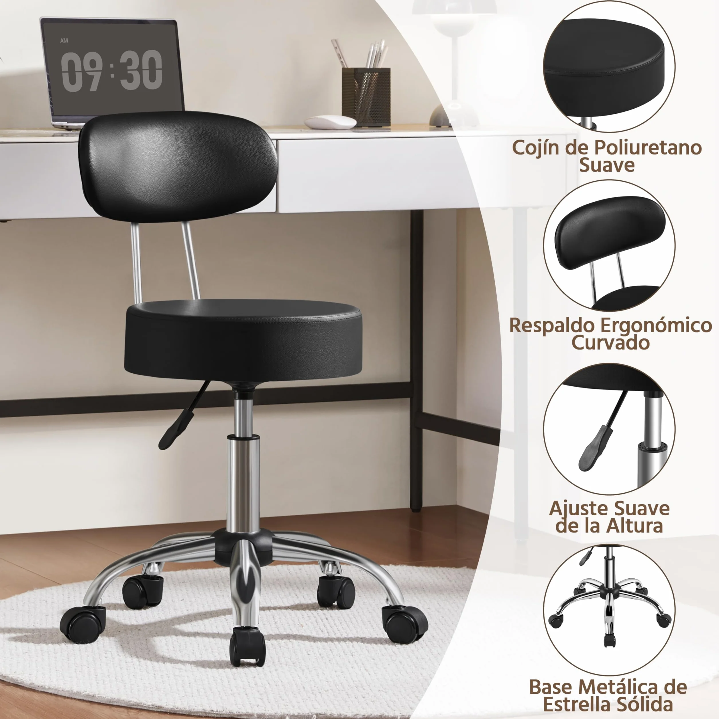 Yaheetech Taburete Giratorio Taburete con Ruedas y Respaldo con Altura Regulable 75.5-85 cm Asiento Tapizado de Polipiel Sintético para Oficina Dormitorio Negro