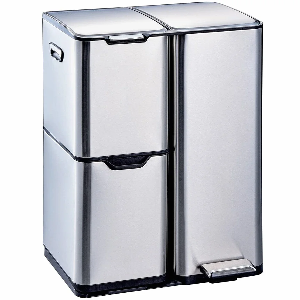 Kitchen Move Cubo de Basura de Cocina con Pedal HAJA, con clasificación selectiva para Reciclaje, de 60 L (13 + 17 + 30 L), de Acero Inoxidable con Cubo