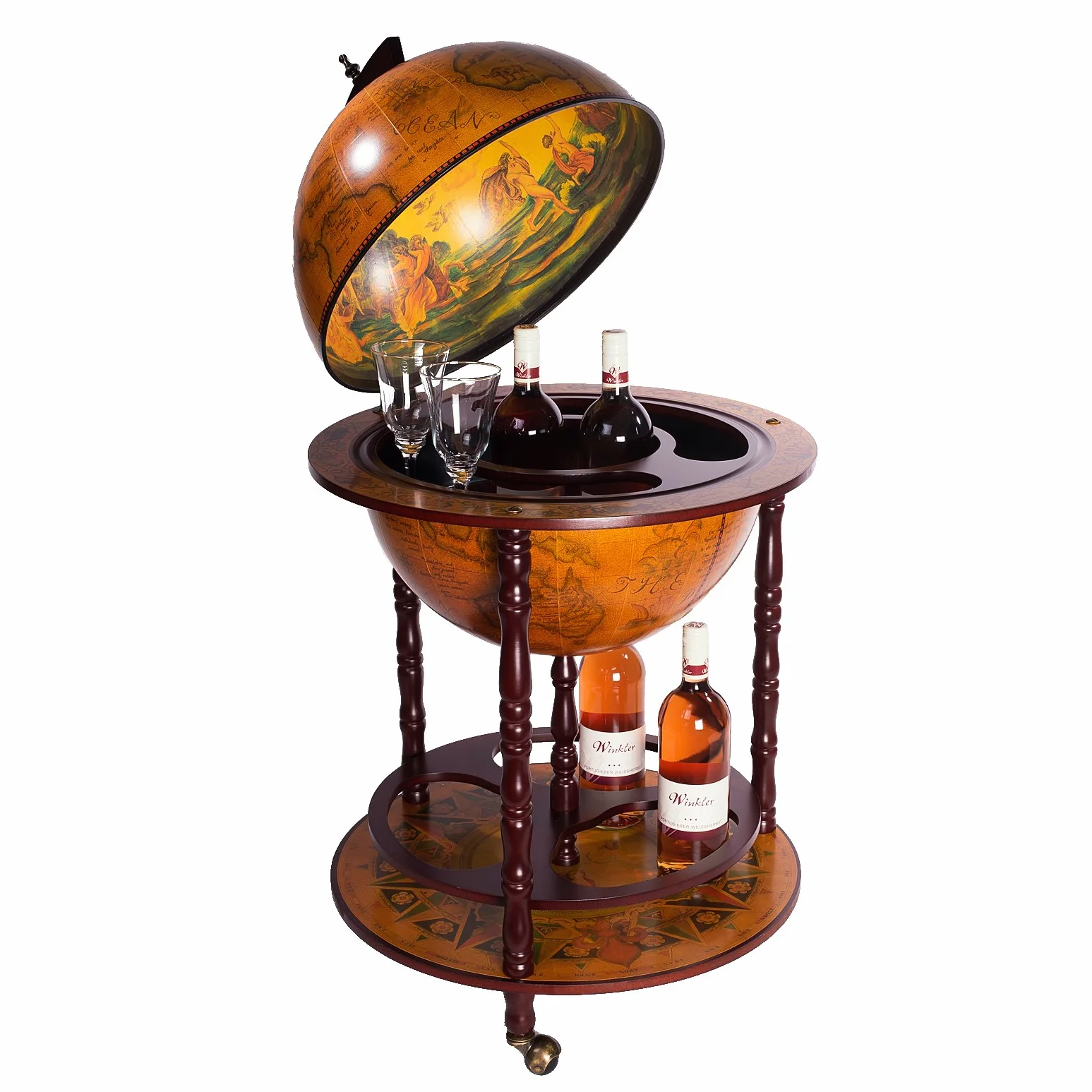 Carro de Bar Gigante 45001 Rojo con pilares de Madera de eucalipto Macizo, 112 cm de Alto y 56 cm de Ancho, con Ruedas, Globo terrestre Antiguo, Mesa de Bar, Carrito de Bar