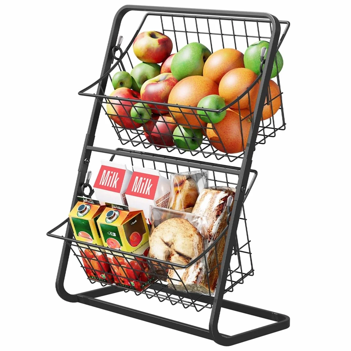 Canasta de frutas y verduras de metal de 2 niveles, organizador de encimera de cocina con gran apertura para exhibición de aperitivos de despensa, blanco, 14.5 x 11 x 6 pulgadas