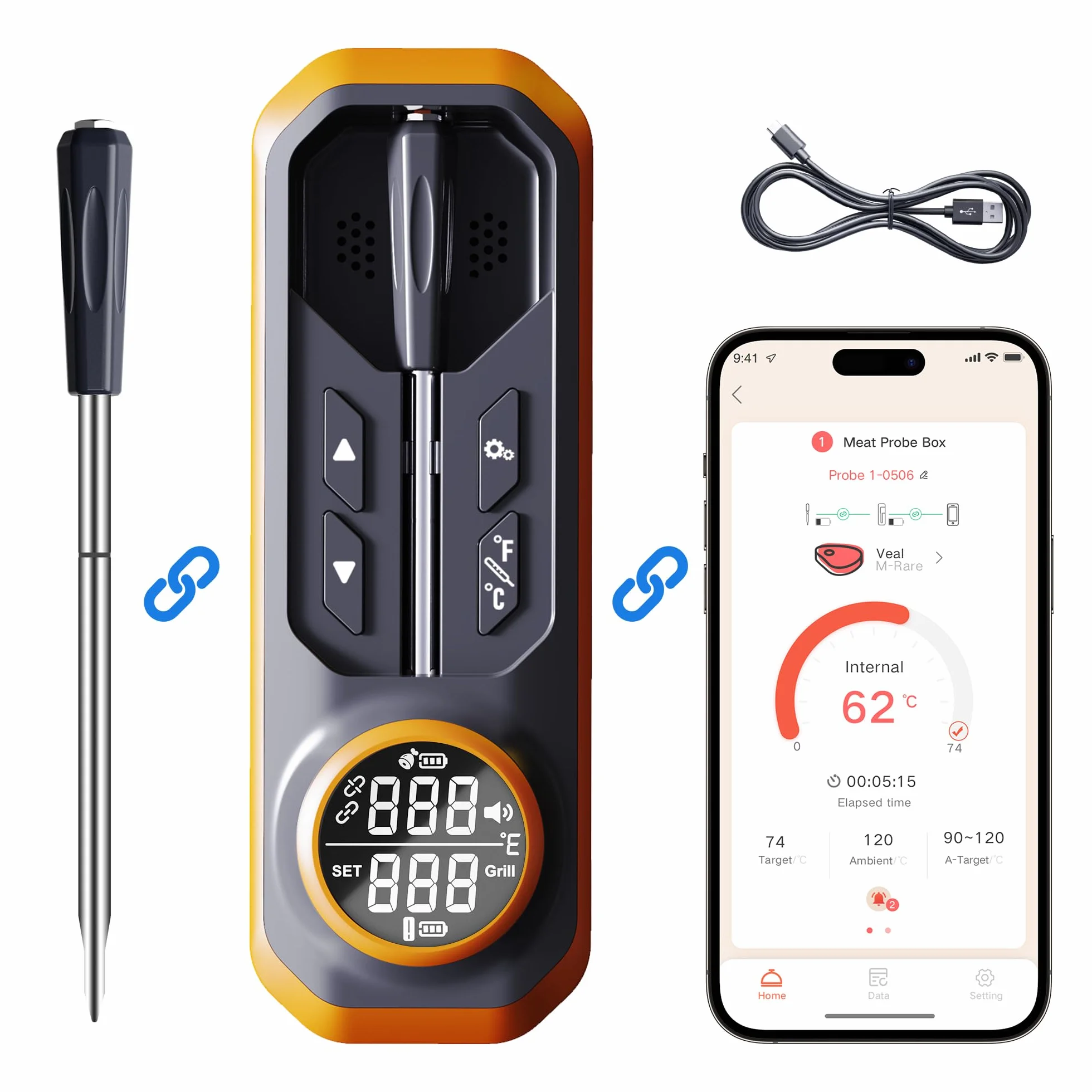 GRAM PRES Termómetro de carne inalámbrico, termómetro digital de cocina con sonda inalámbrica y alcance de 500 pies, termómetro para alimentos, aplicación iOS y Android, temperaturas preprogramadas