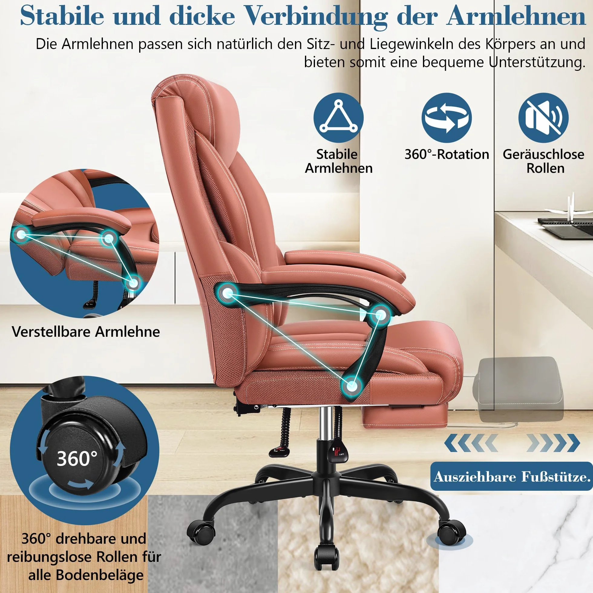 FelixKing Silla Ejecutiva, Cómoda Silla de Oficina Ergonómica, Silla Giratoria de Cuero PU, Silla de Ordenador con Respaldo Alto Ajustable y Reposapiés para Oficina en Casa y Juegos (Marrón Mate)