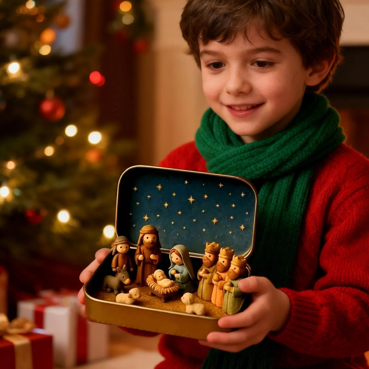 Mini Christmas Nativity Set En Caja Metálica, Belén Portátil De Bolsillo, Figuras Sagrada Familia Hecho A Mano