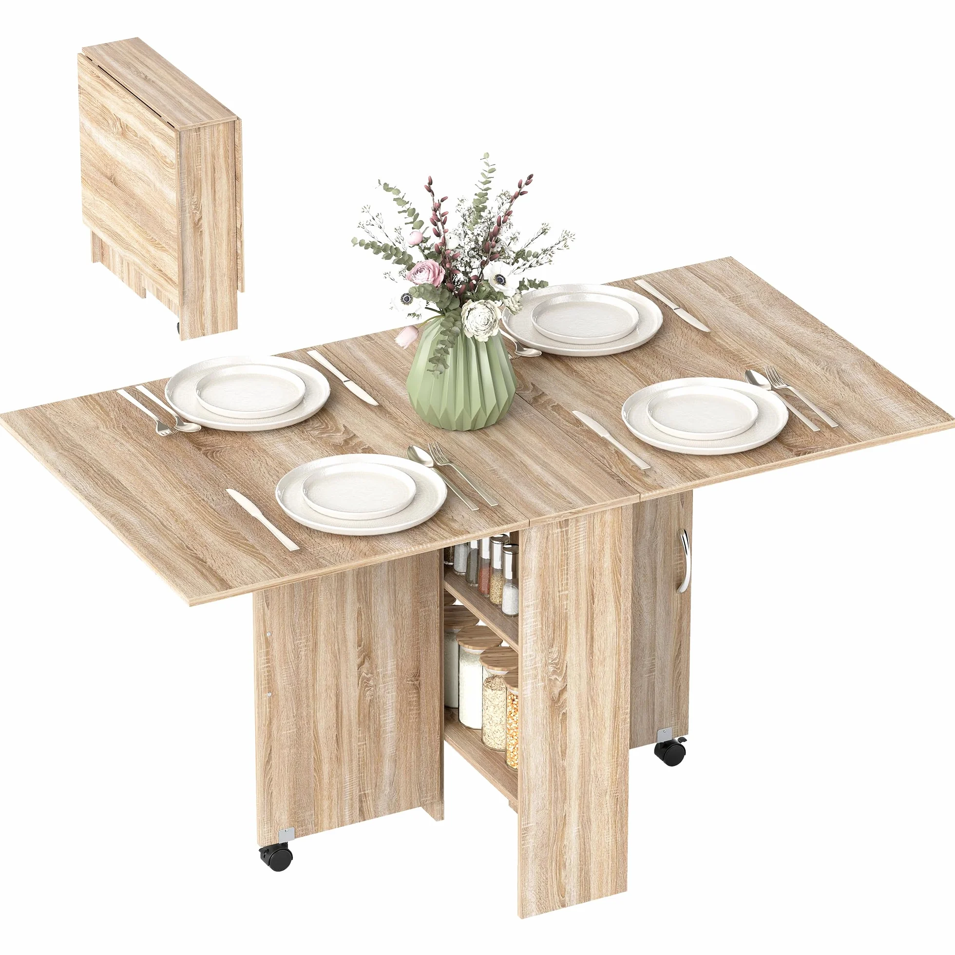HOMCOM Mesa Plegable de Comedor Mesa de Cocina Plegable con Ruedas Alas Abatibles y Estantes para 4-6 Personas 75x140x74 cm Natural