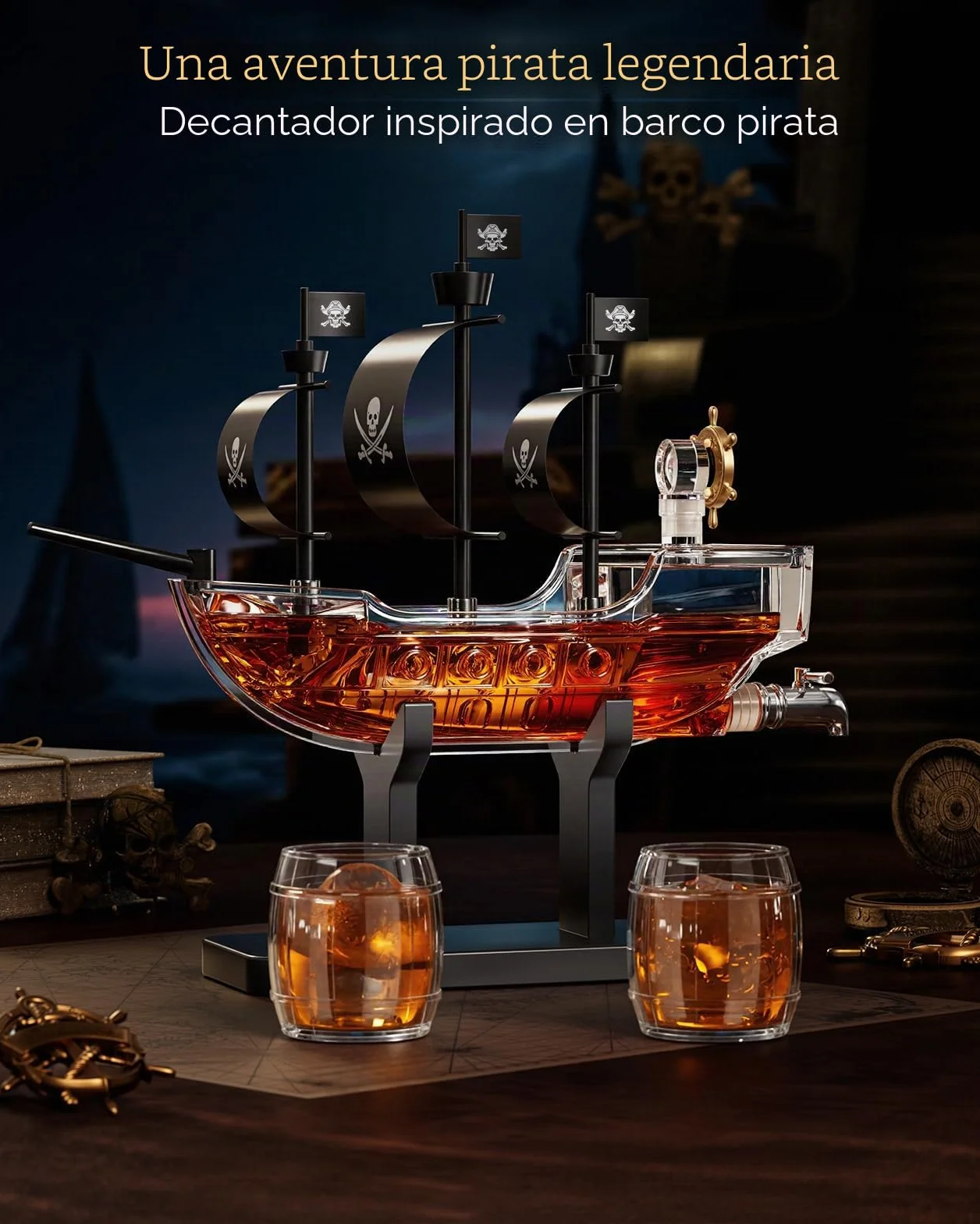 Kollea Regalos de cumpleaños para hombres papá, decantador de whisky con barco pirata, juego de 2 vasos, dispensador de licores para el bar en casa, ideas de regalo divertidas para él, novio