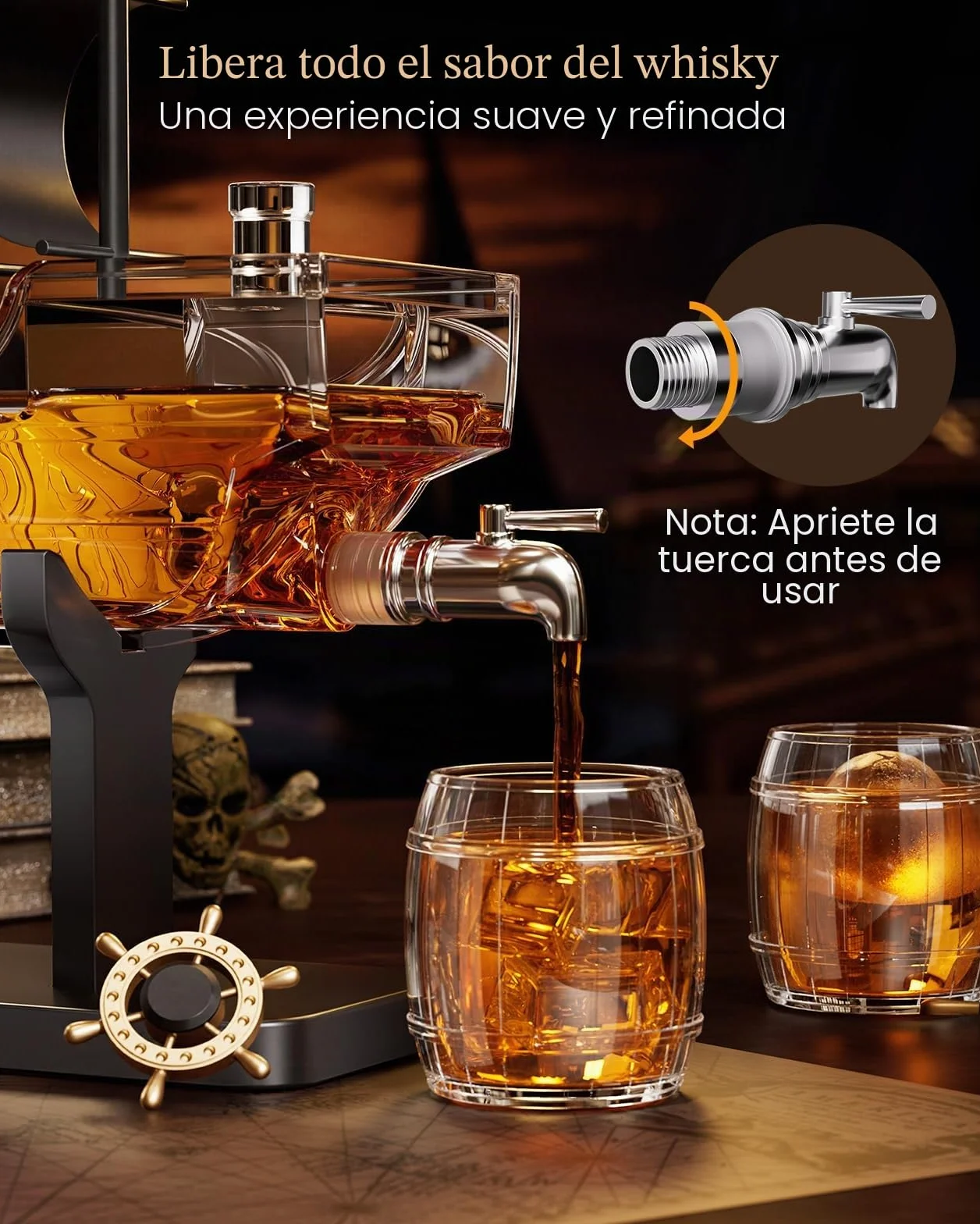 Kollea Regalos de cumpleaños para hombres papá, decantador de whisky con barco pirata, juego de 2 vasos, dispensador de licores para el bar en casa, ideas de regalo divertidas para él, novio