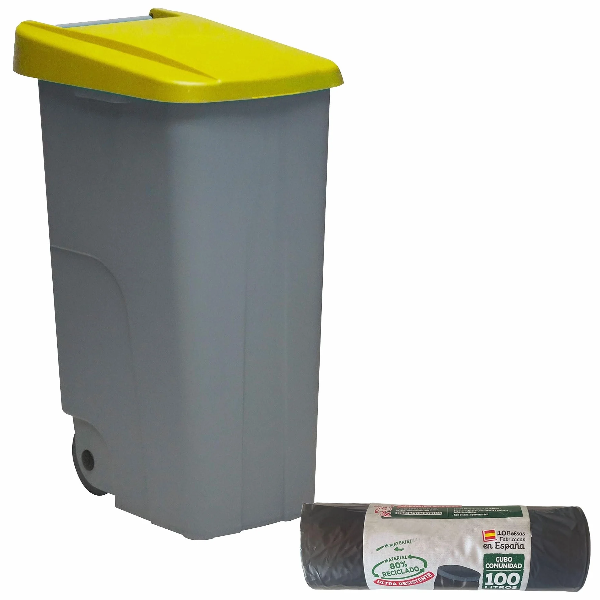 WELL HOME MOBILIARIO & DECORACIÓN Contenedor Cerrado 85L Amarillo H.76cm + Rollo 10 bolsas de basura 100L