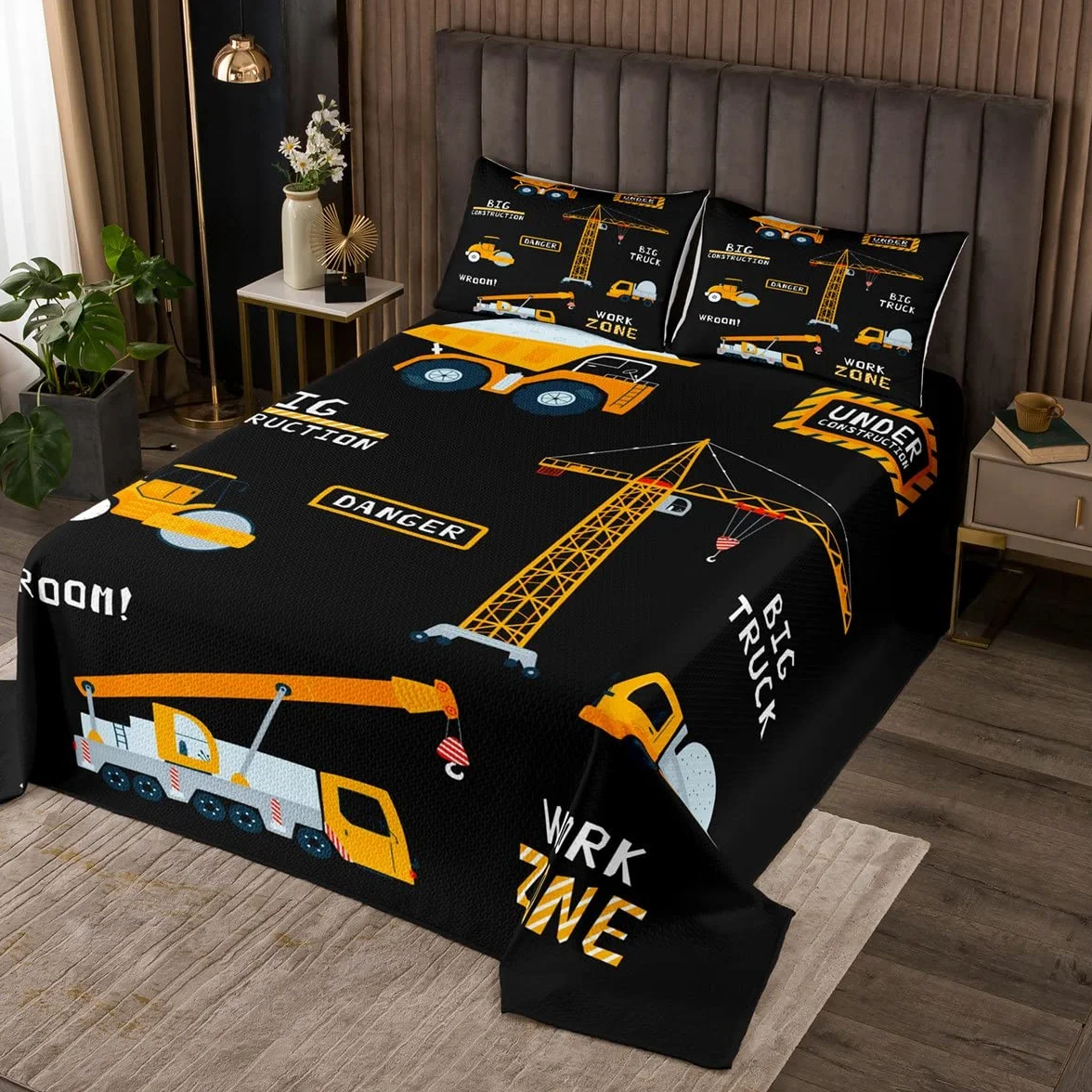 Loussiesd Excavadora acolchada en construcción camión de dibujos animados construcción de vehículos Coverlet set maquinaria pesada equipo decoración negro dormitorio colección 3 piezas tamaño king
