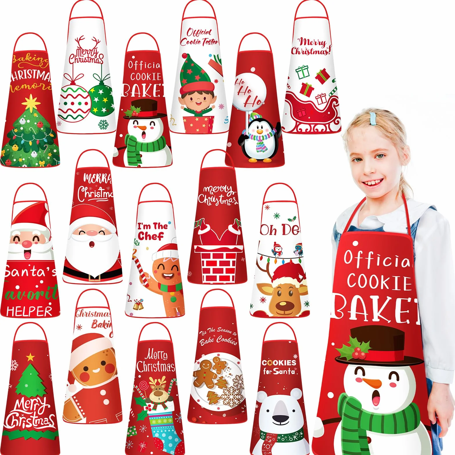 Liitrsh Delantal de Navidad para niños, delantales a juego, delantal para niños, muñeco de nieve, ciervo, pan de jengibre, Papá Noel, delantal para cocina y repostería, Estilo elegante., approx. 27.56