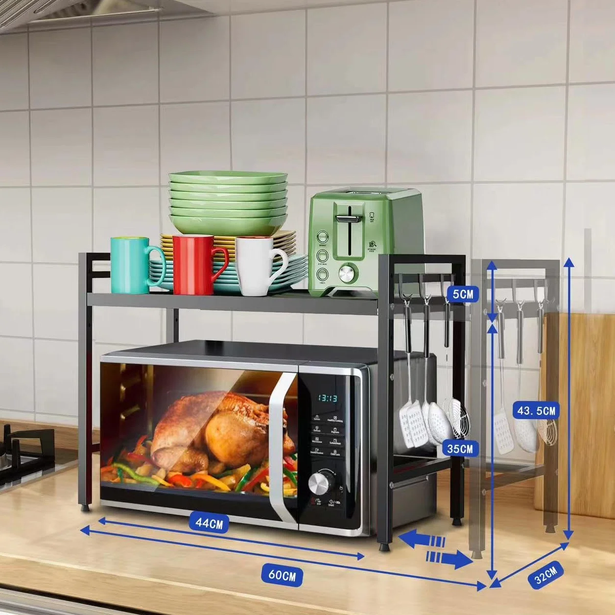 LUHWYJA Soporte Extensible para Horno de Microondas, Estante Ajustable, Rejilla para encimera de Cocina Organizador Estanteria Mueble con 6 Ganchos (2 Niveles, Negro)