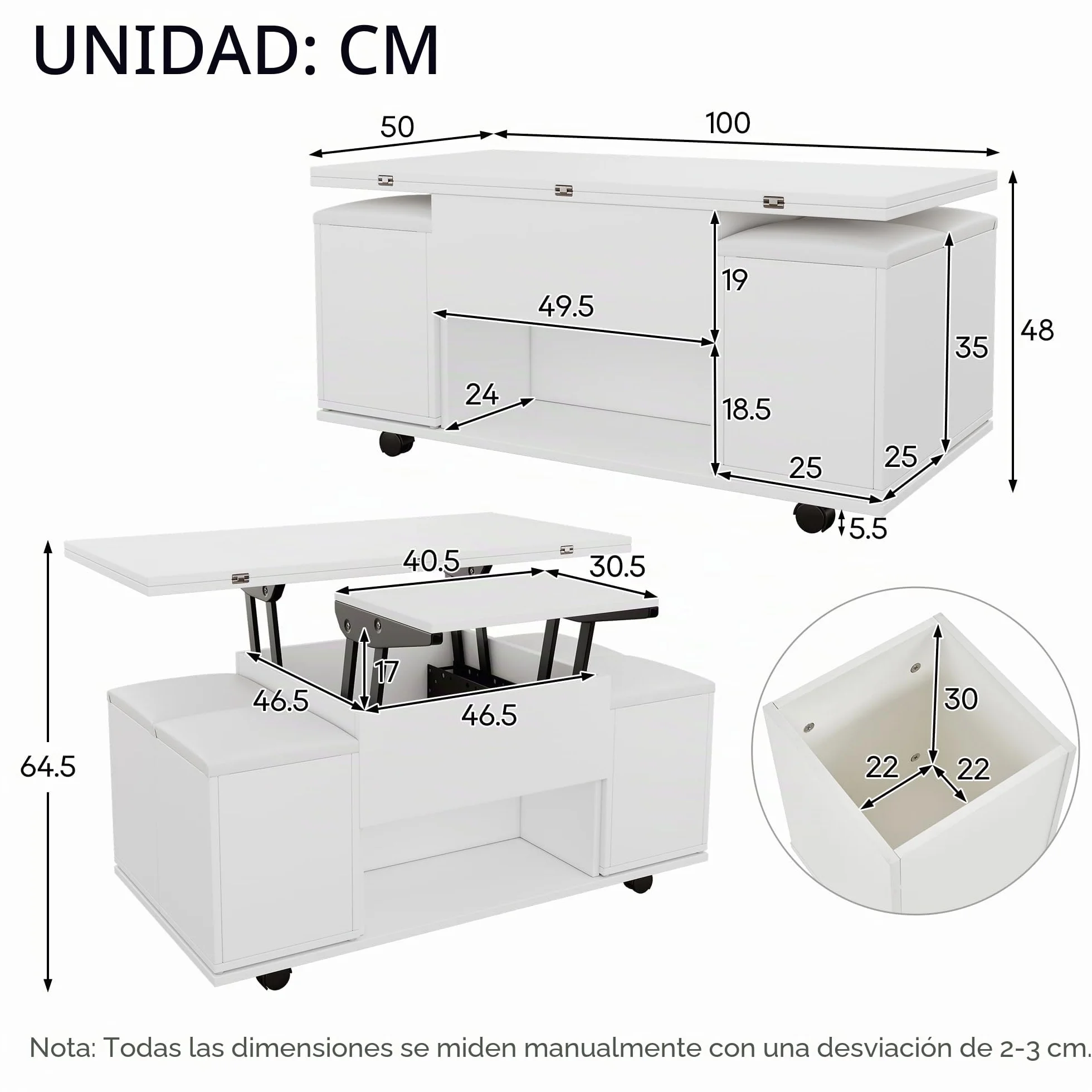 Mesa de centro multifuncional elevable: el escritorio puede abrir 2 mesas, color blanco, gran capacidad, muebles modernos de salón, oficina, mesa de comedor, 100 x 100 x 63,5 (largo x ancho x alto)