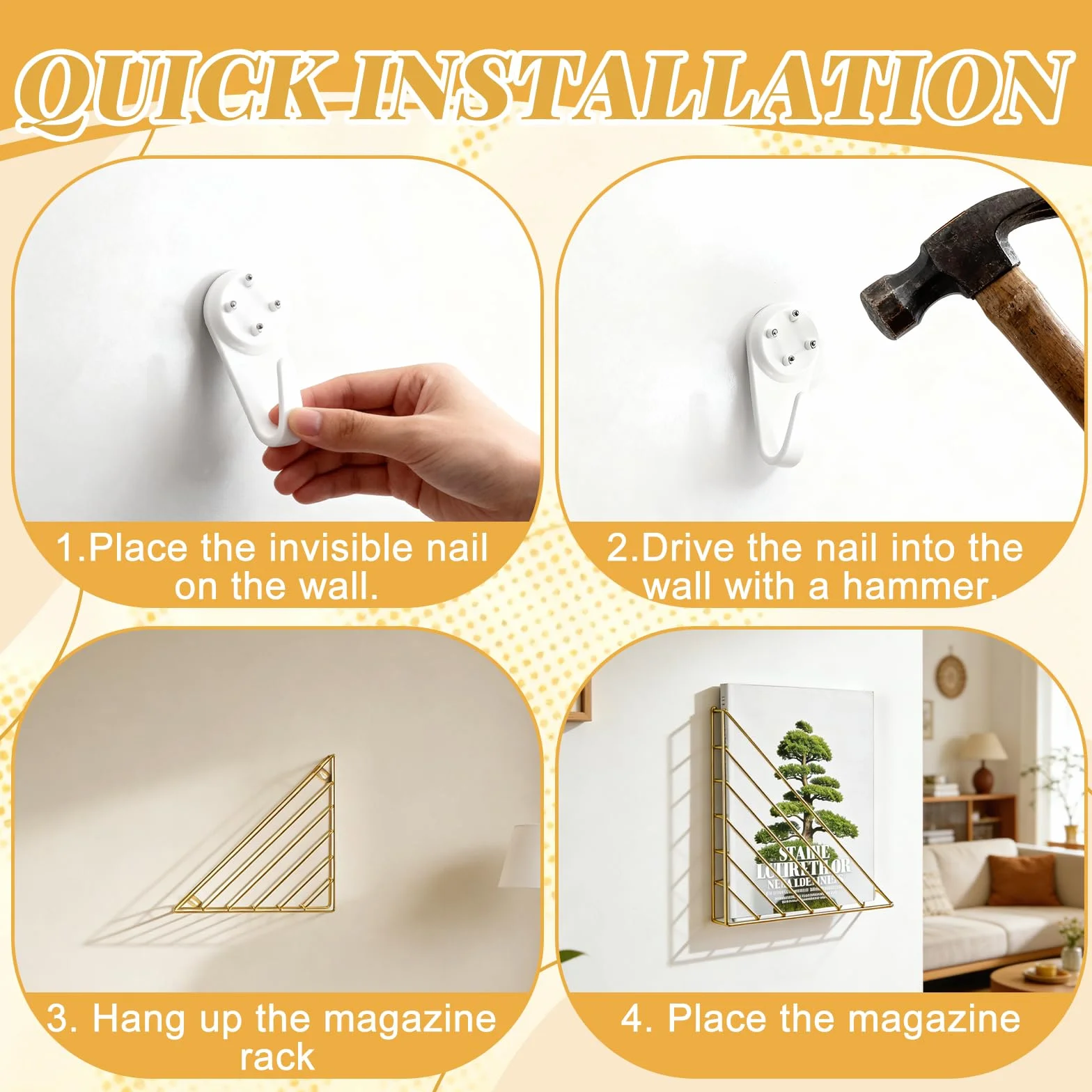 Organizador de Pared Triangular de Metal para Revistas con Tornillos, Dorado