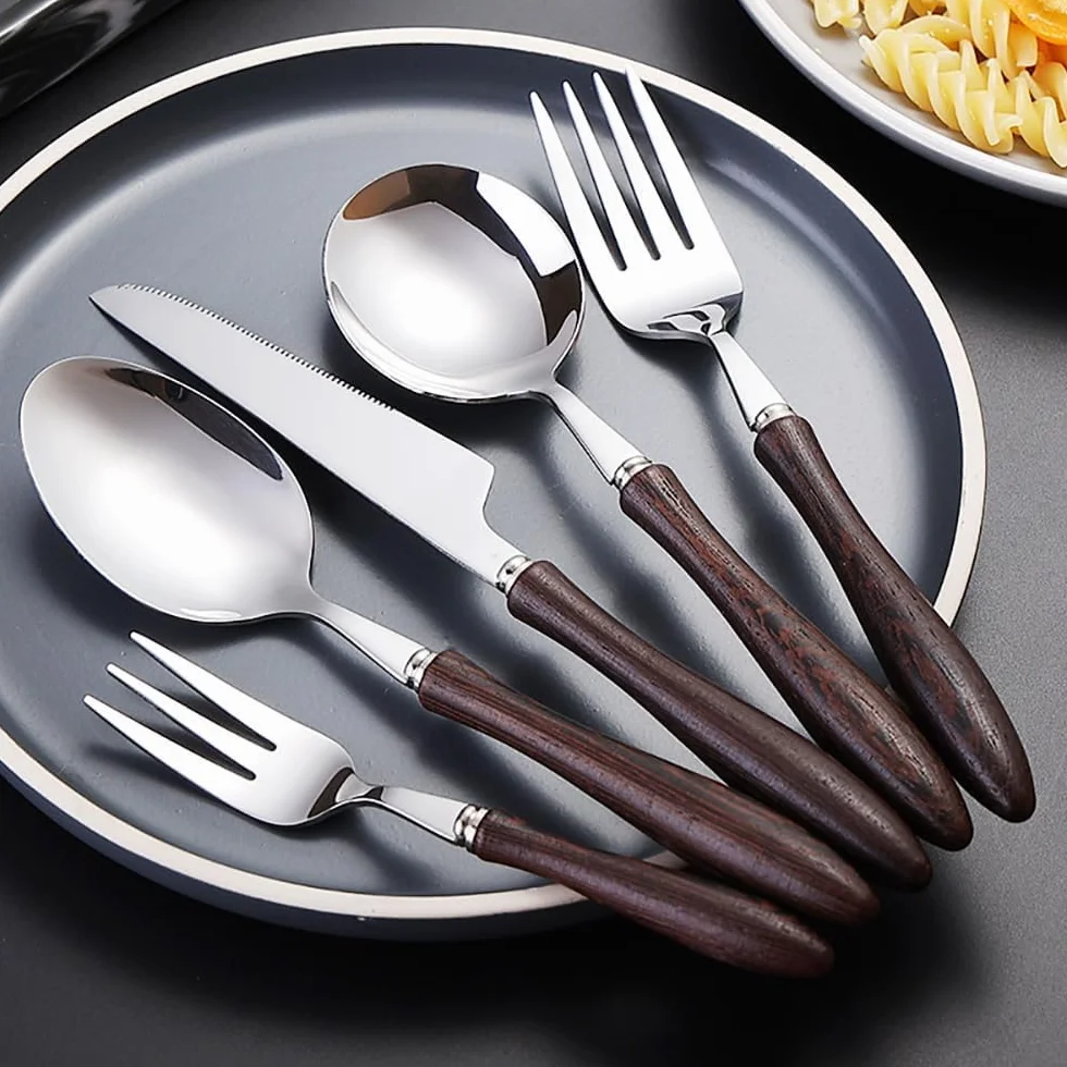 Genérico Juego De Cubiertos De 40 Piezas, Cubiertos De Madera De Acero Inoxidable, Cubiertos Aptos para Lavavajillas, Juego De Cubiertos para 8 Personas