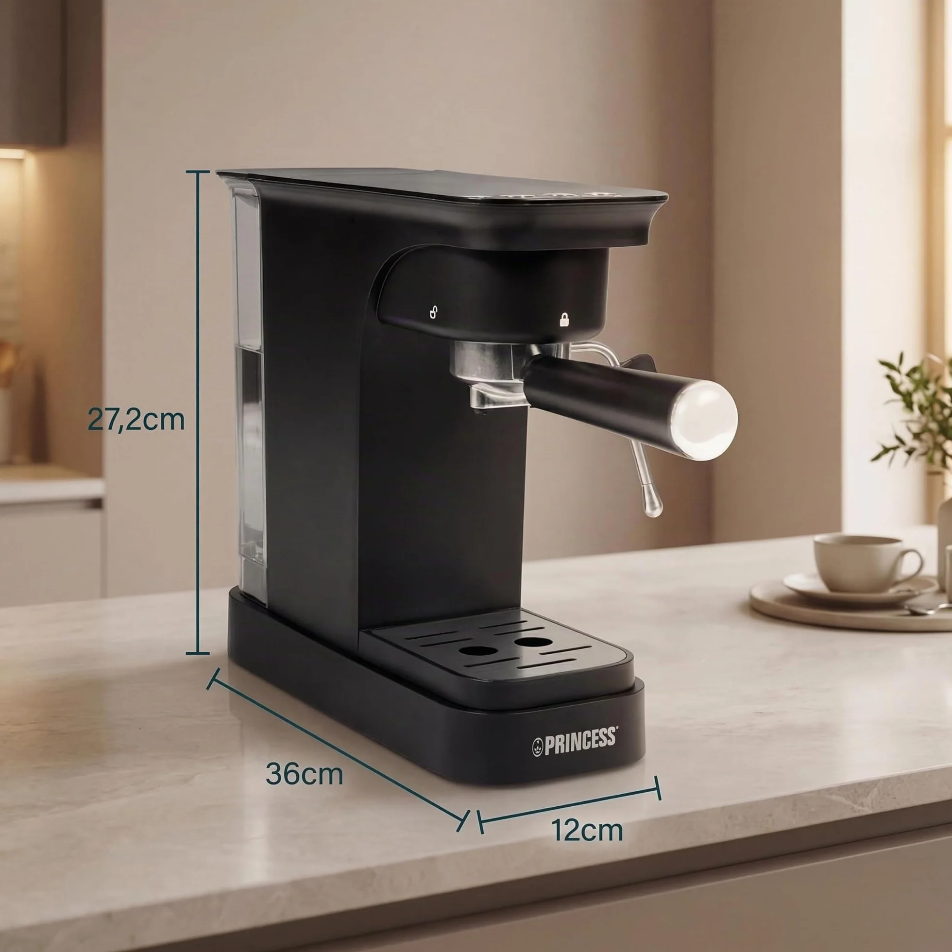 Princess Espresso Machine, Bomba de 20 Bar, Depósito de Agua de 0,8 l, Para Café Molido y Cápsulas ESE, Diseño Compacto, Negro, 01.249421.01.001