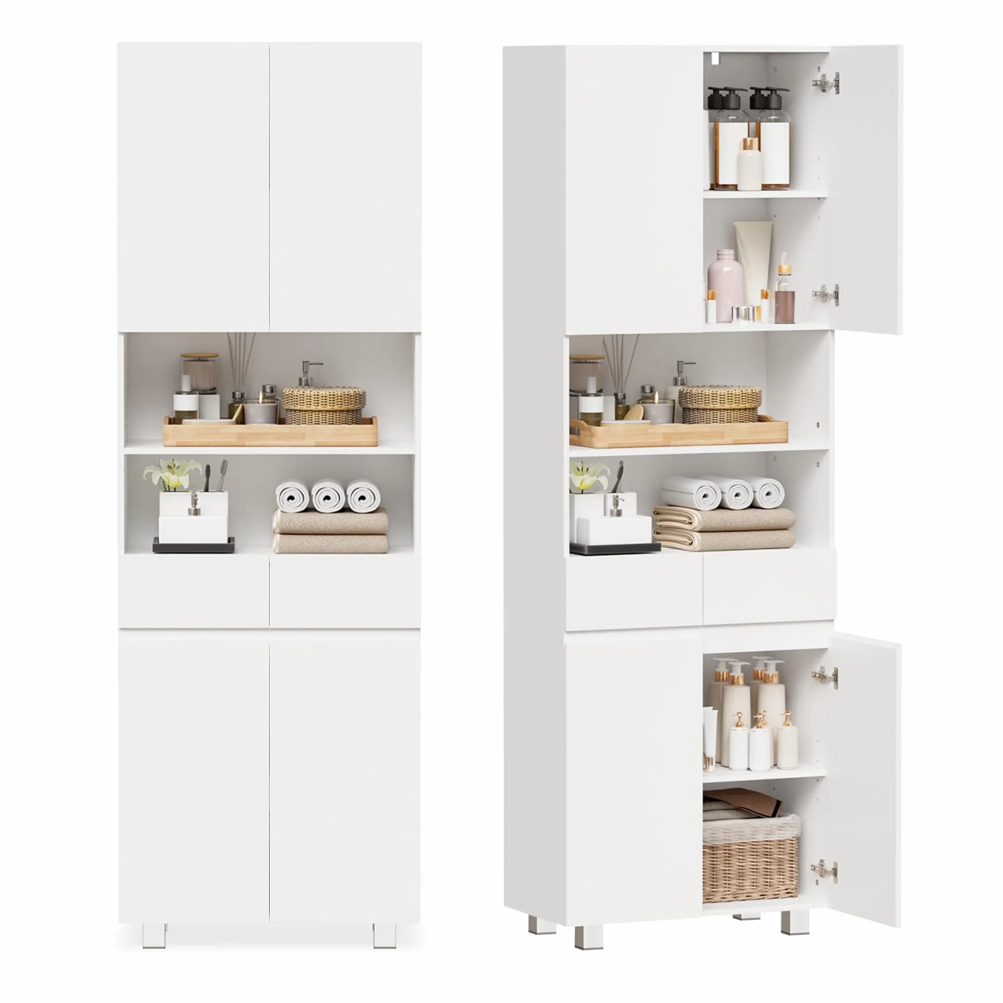 ANWBROAD Armario Alto de Baño,Mueble Columna de Baño con Estantes Ajustables,2 Cajón,Kit Antivuelco,Mueble Auxiliar de Almacenaje,para Cocina,Salón,30x60x180 cm,Blanco SBC012W