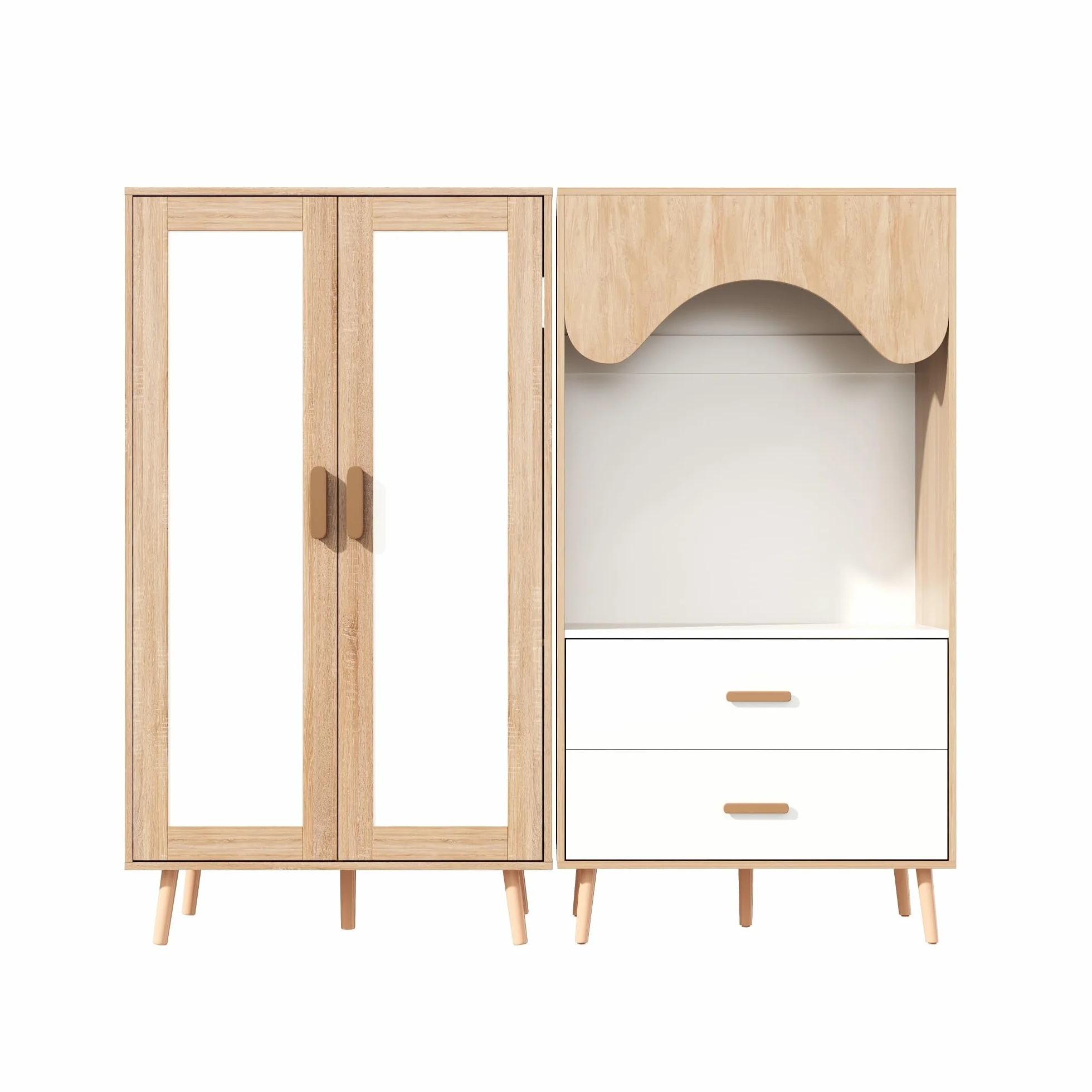 Armario infantil, juego con armario de dos puertas y abierto, para dormitorio, con barra para colgar y cajones, en color blanco y madera, 160 x 46 x 141,5 cm, Natural+Blanco