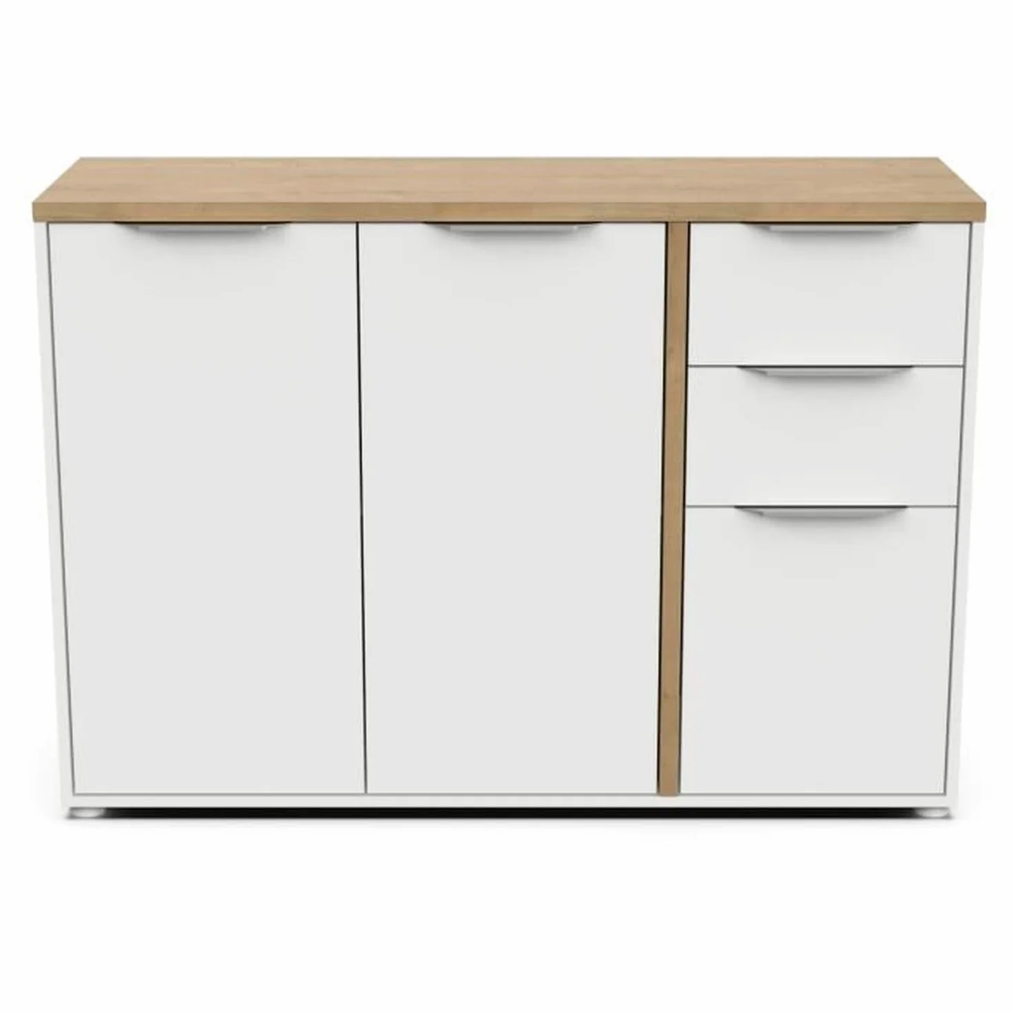 Aparador Moderno Blanco Mate y Roble Hamilton 3 Puertas 2 Cajones 121,5 x 39,6 x 85,6 cm