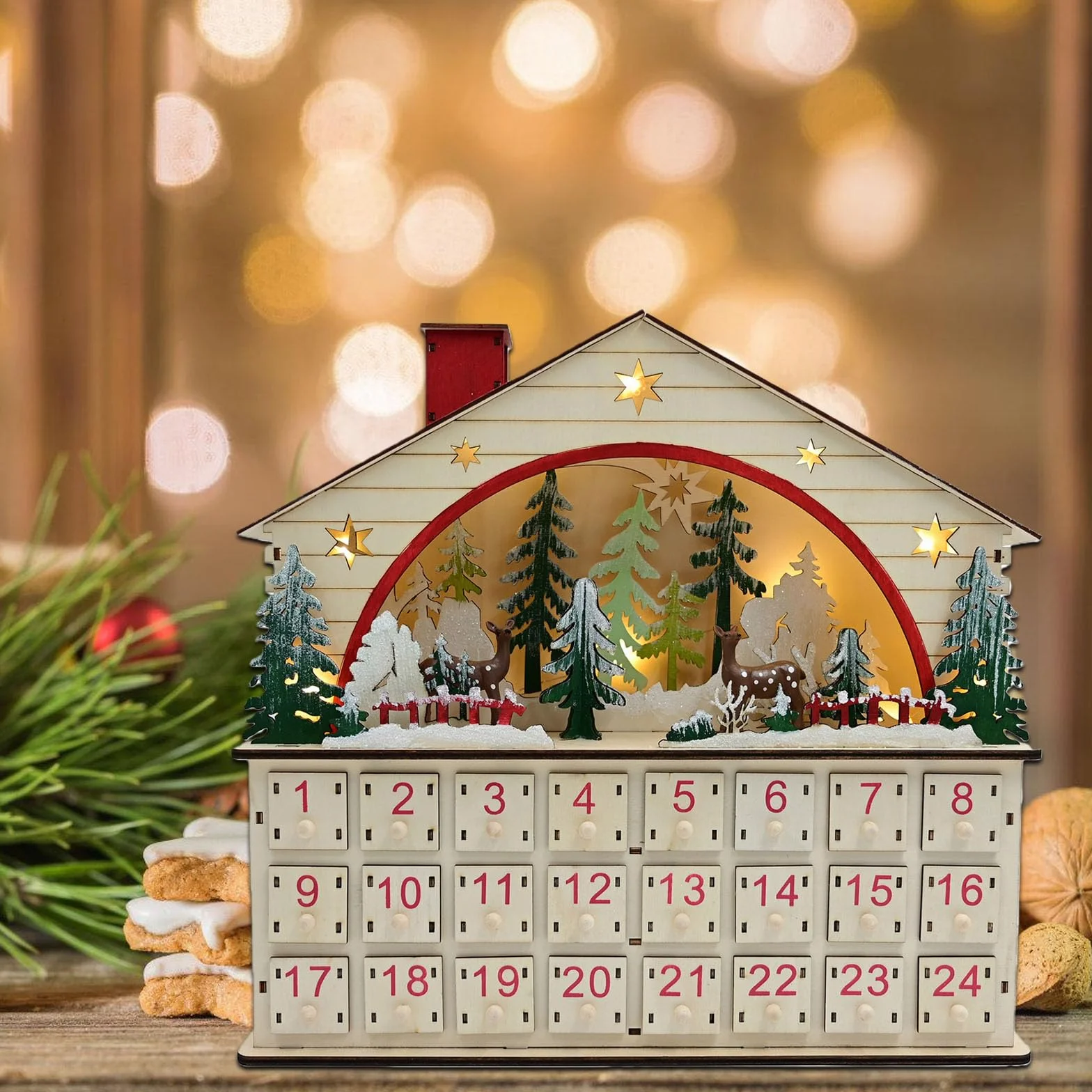 Calendario de Adviento de madera hecho a mano con luces LED, cuenta regresiva navideña con pilas Decoración navideña Calendario de Adviento LED navideño de madera