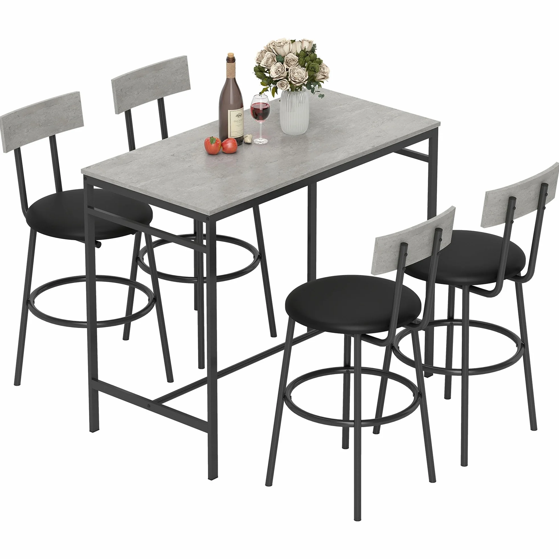 HOMCOM Juego de Mesa de Bar con 4 Taburetes de Cuero PU, Sillas de Bar y Cocina Ahorran Espacio, Patas de Acero, Estilo Moderno, Mesa Alta para Comedor