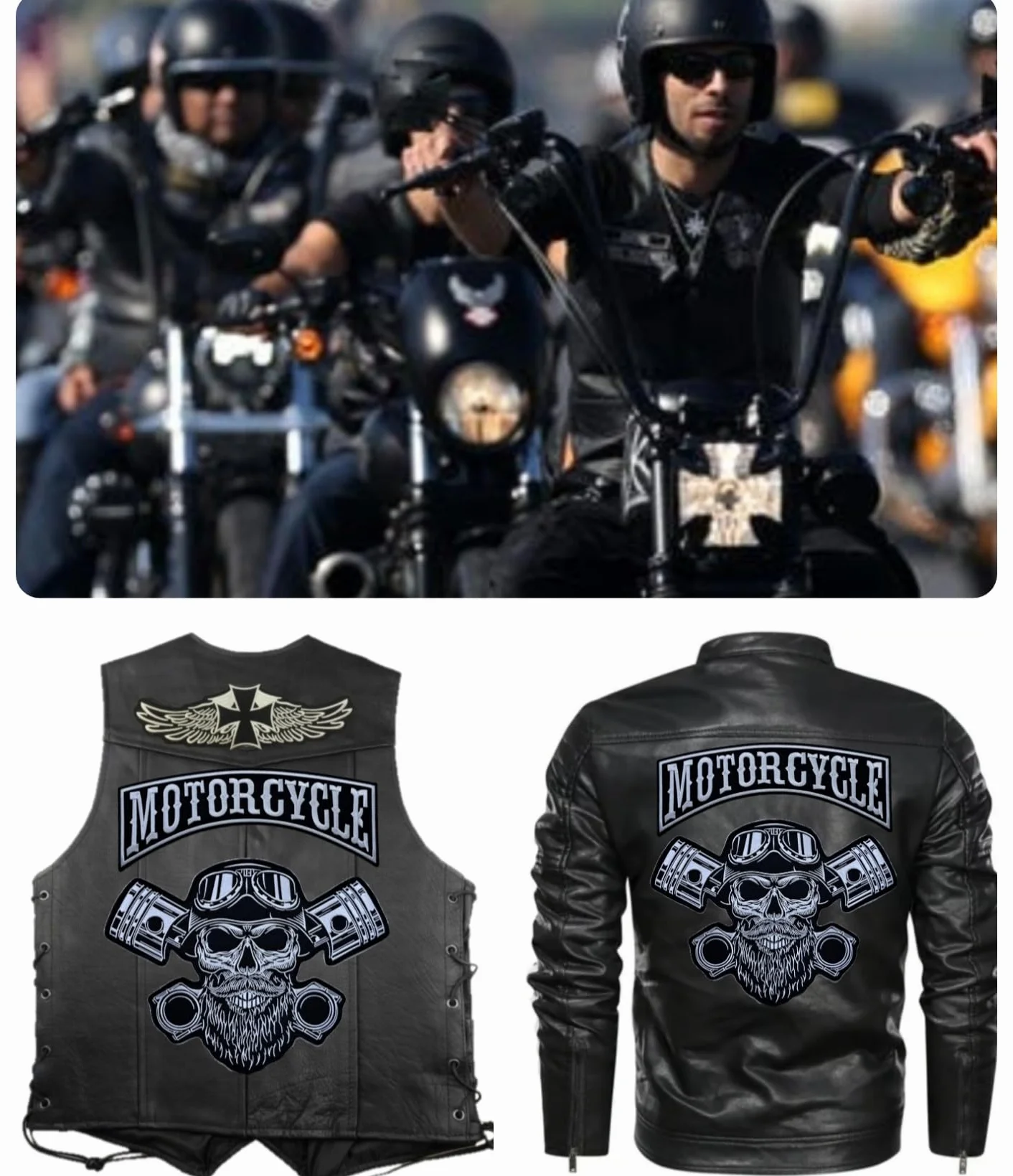 Juego de 2 parches bordados Biker "Motorcycle" + Punck Skull XXL parches termoadhesivos para chalecos y chaquetas de moto, para decorar chaquetas de moto, bordado en accesorios de ropa, manualidades.
