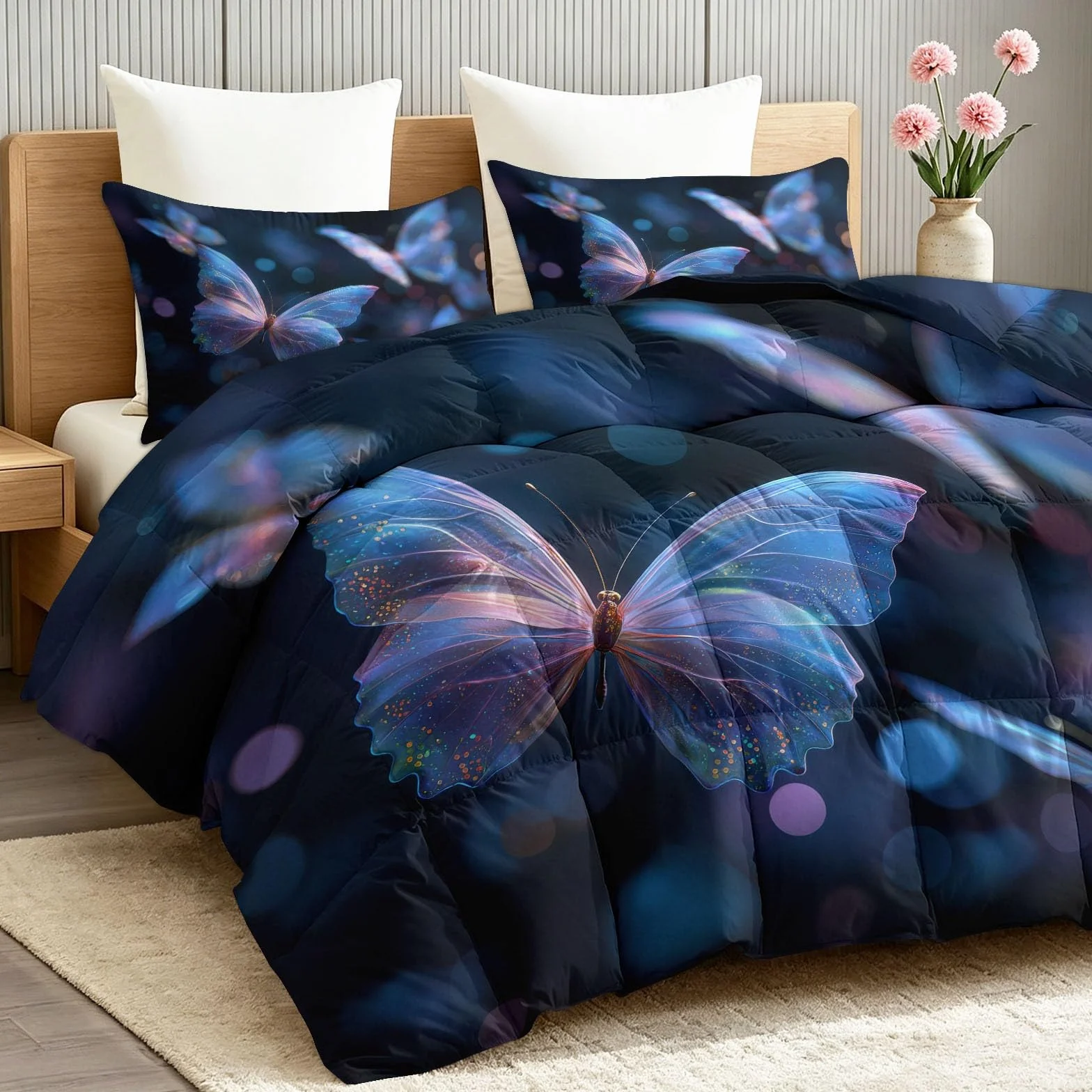 Edredón doble sin funda de edredón de 4,5 tog, edredón de verano con estampado de fantasía de insectos con funda de almohada a juego, mariposa brillante de ensueño, manta de verano ligera, lavable a